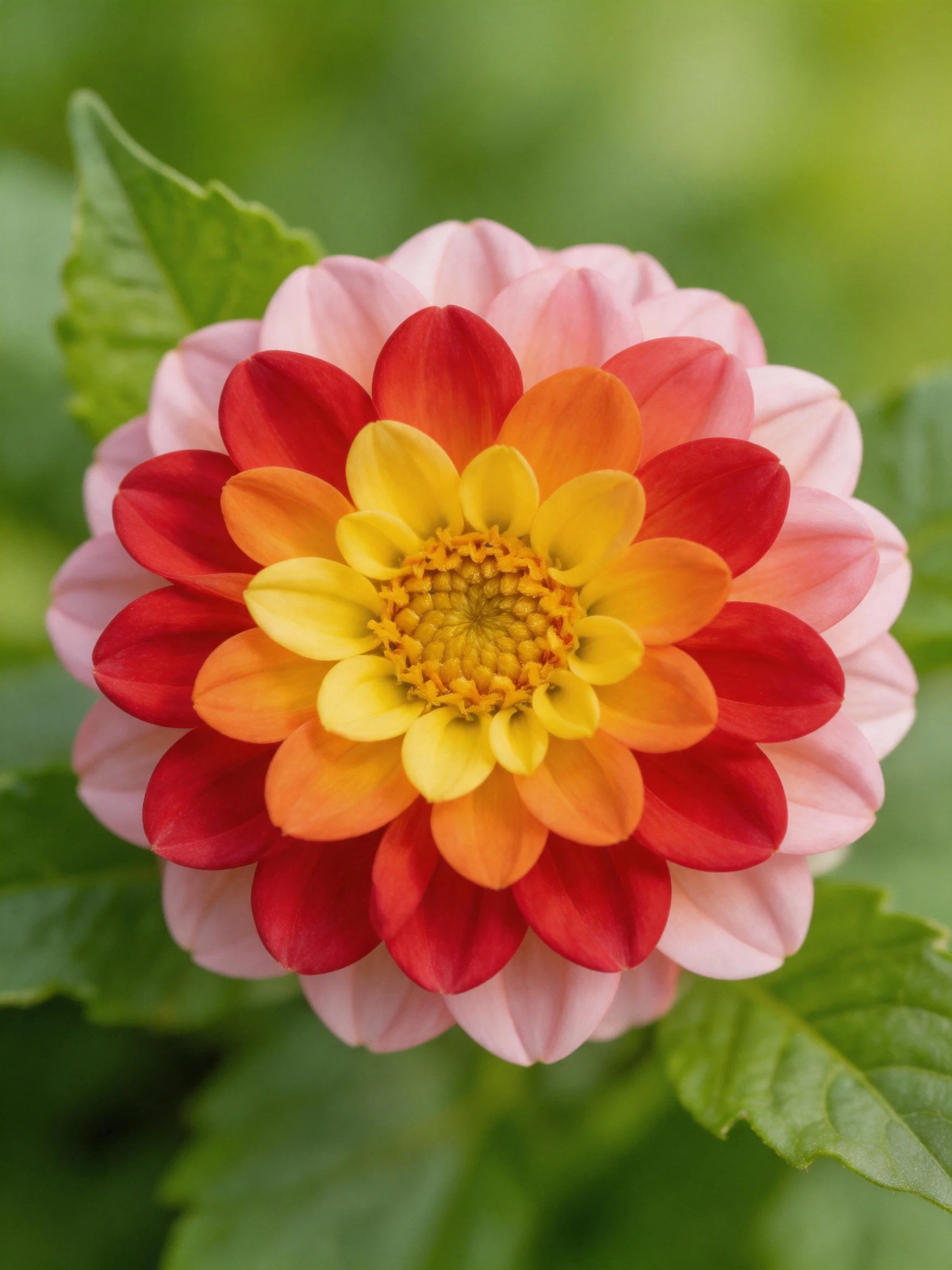 A vibrant dahlia with layered pink, red, orange, and yellow petals