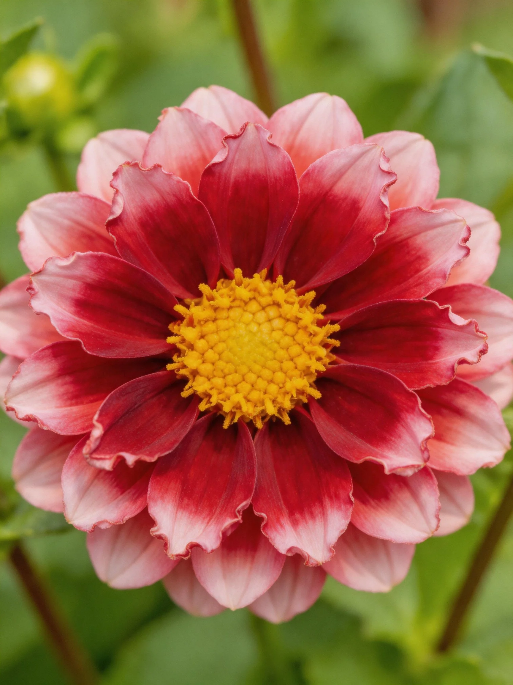 A vibrant dahlia with layered pink-red petals and golden center