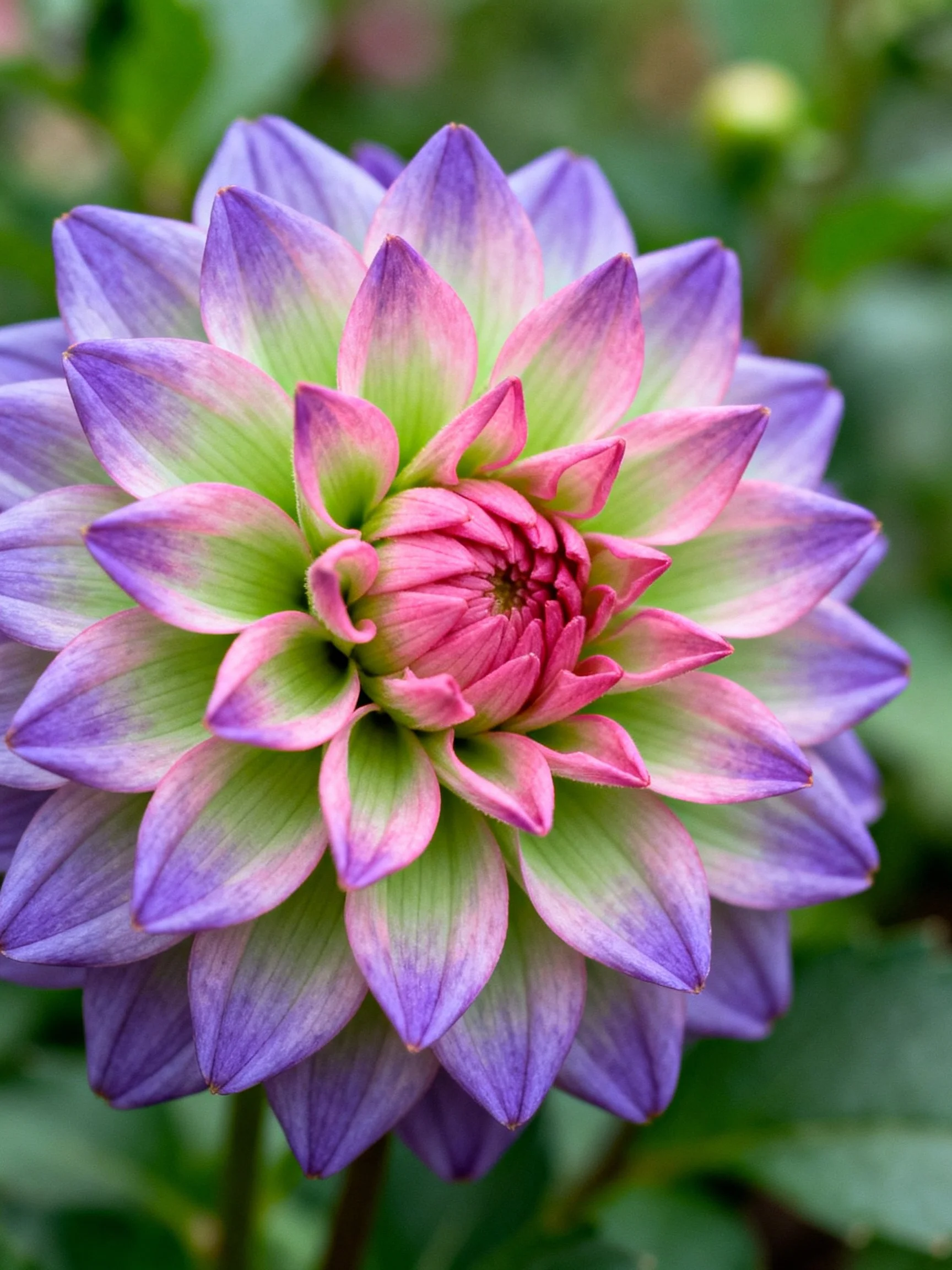 A vibrant dahlia with layered purple, pink, and green petals