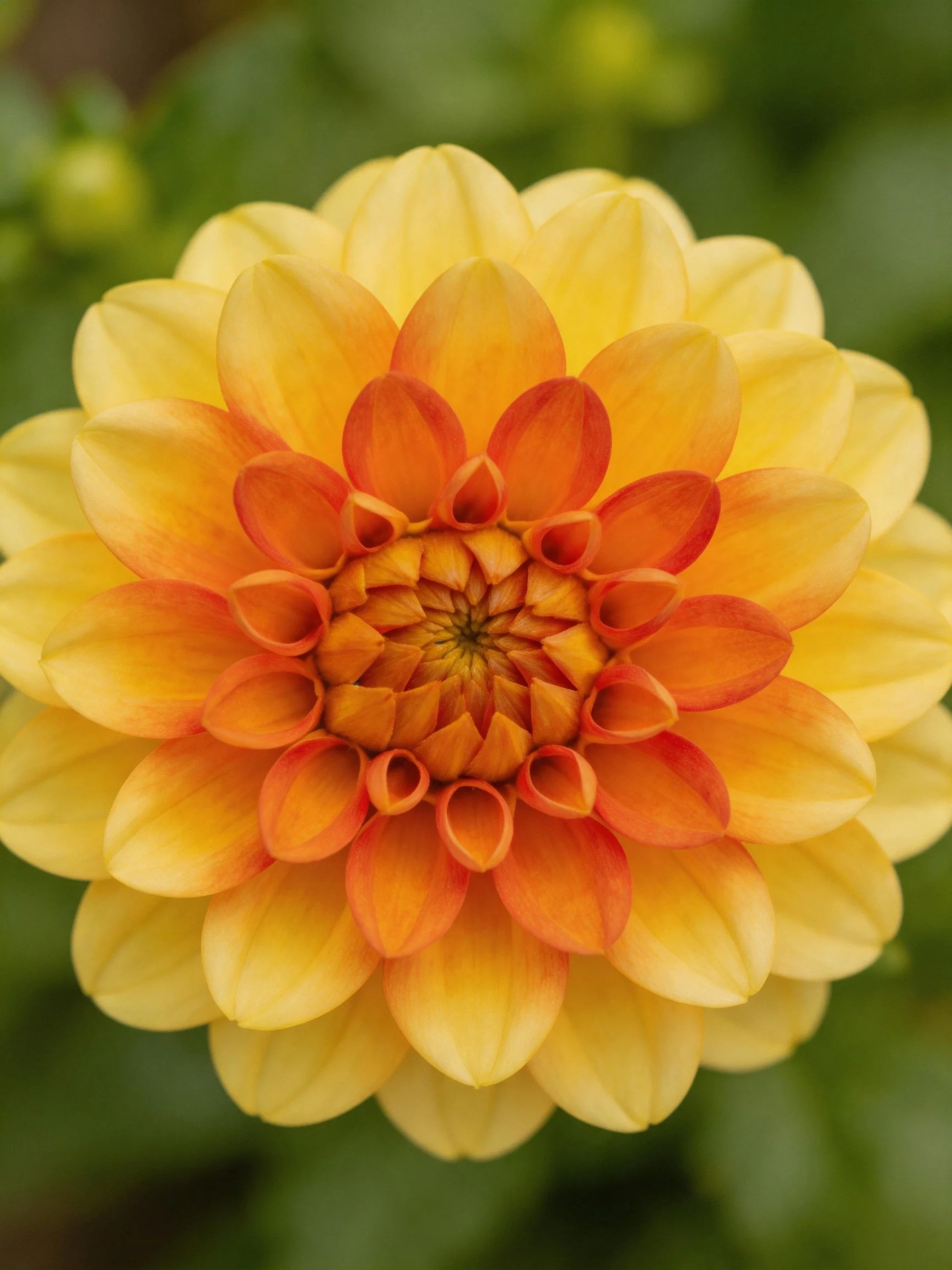 A vibrant dahlia with layered yellow and orange petals