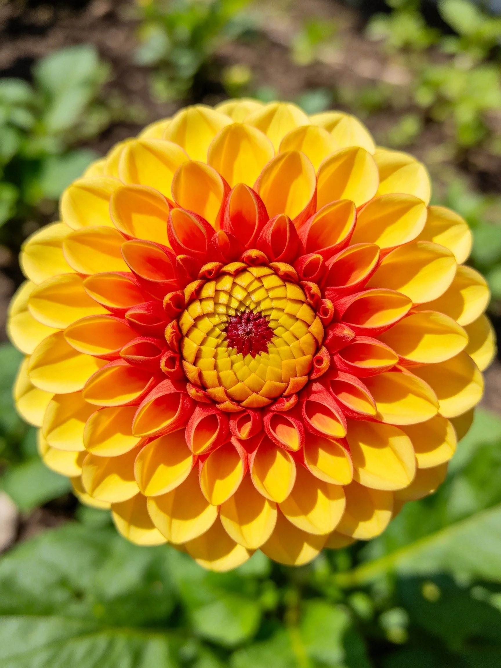 A vibrant dahlia with layered yellow-orange petals and red center
