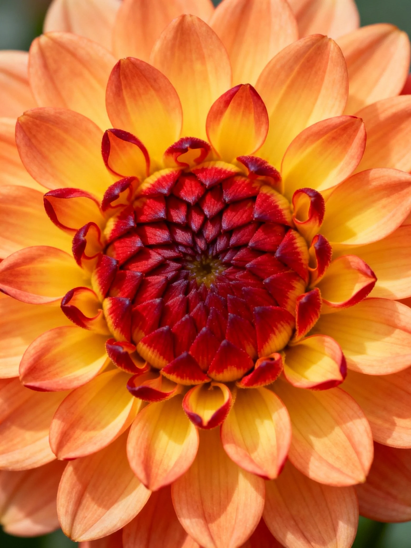 A vibrant dahlia with orange - yellow petals and red central cluster