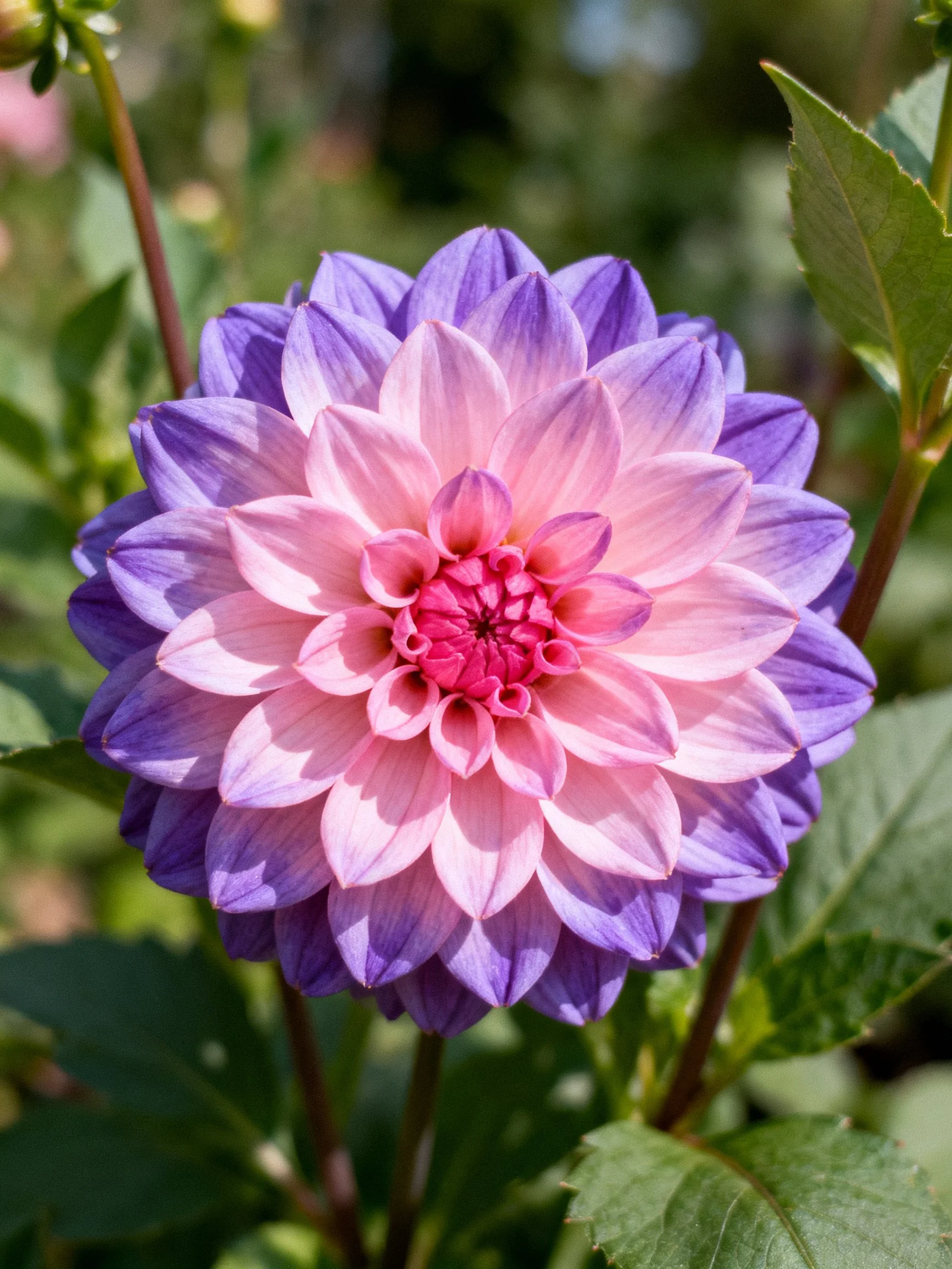 A vibrant dahlia with pink and purple layered petals