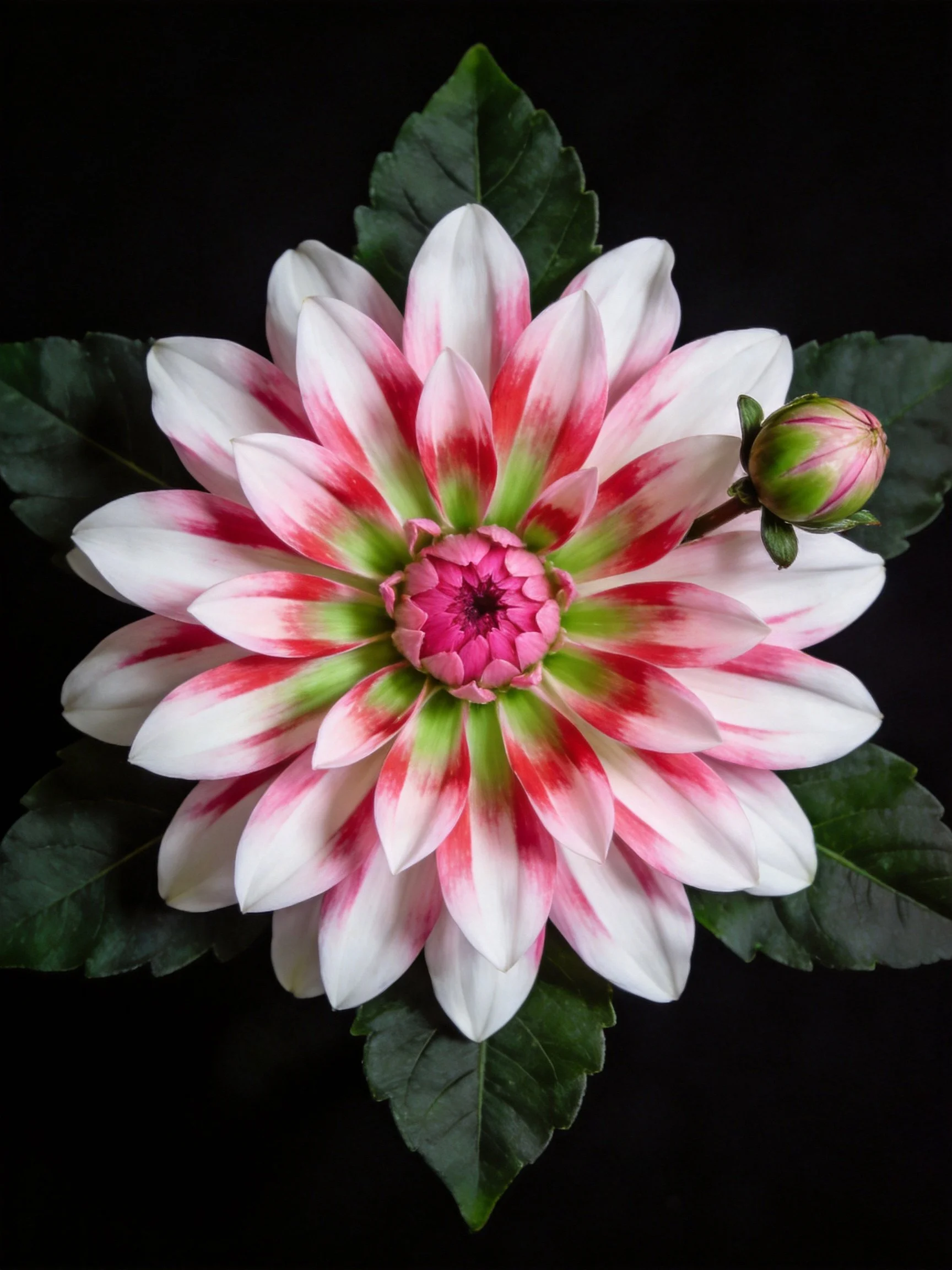 A vibrant dahlia with pink, green, and white petals