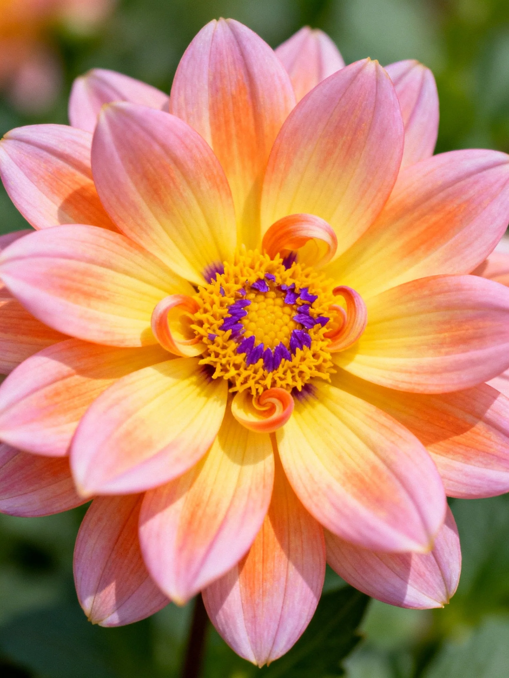 A vibrant dahlia with pink-yellow petals and purple center