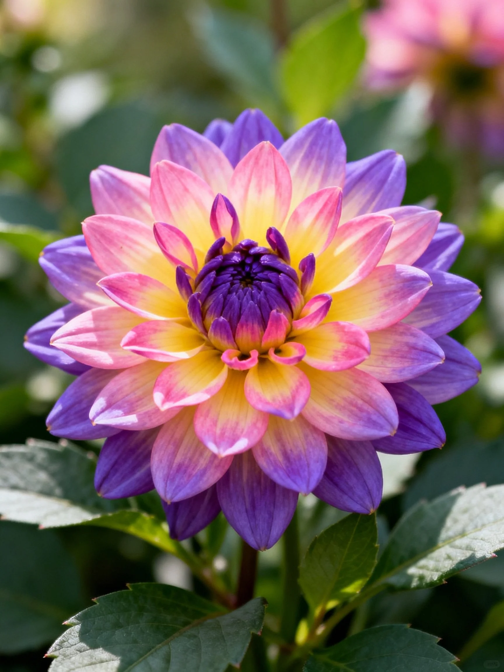 A vibrant dahlia with purple, pink, and yellow petals