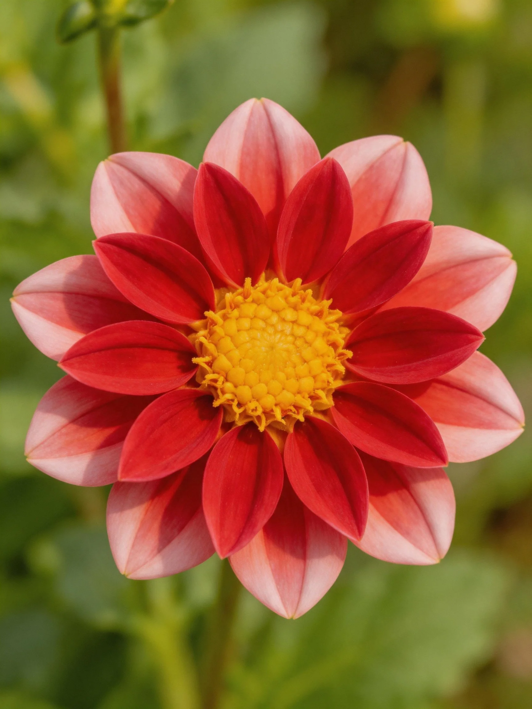 A close - up of a dahlia with red and pink petals surrounding a bright yellow center.
