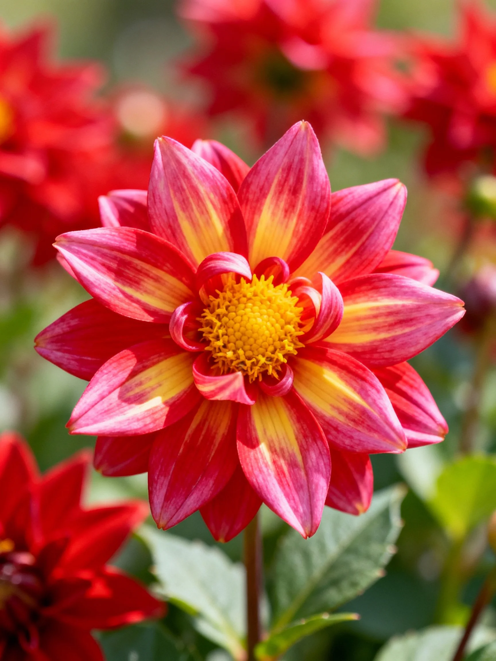 A vibrant dahlia with red and yellow striped petals