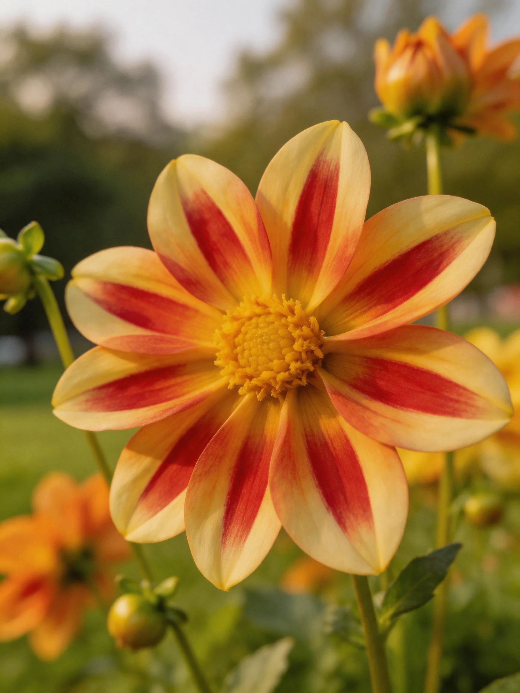 A vibrant dahlia with yellow and red striped petals