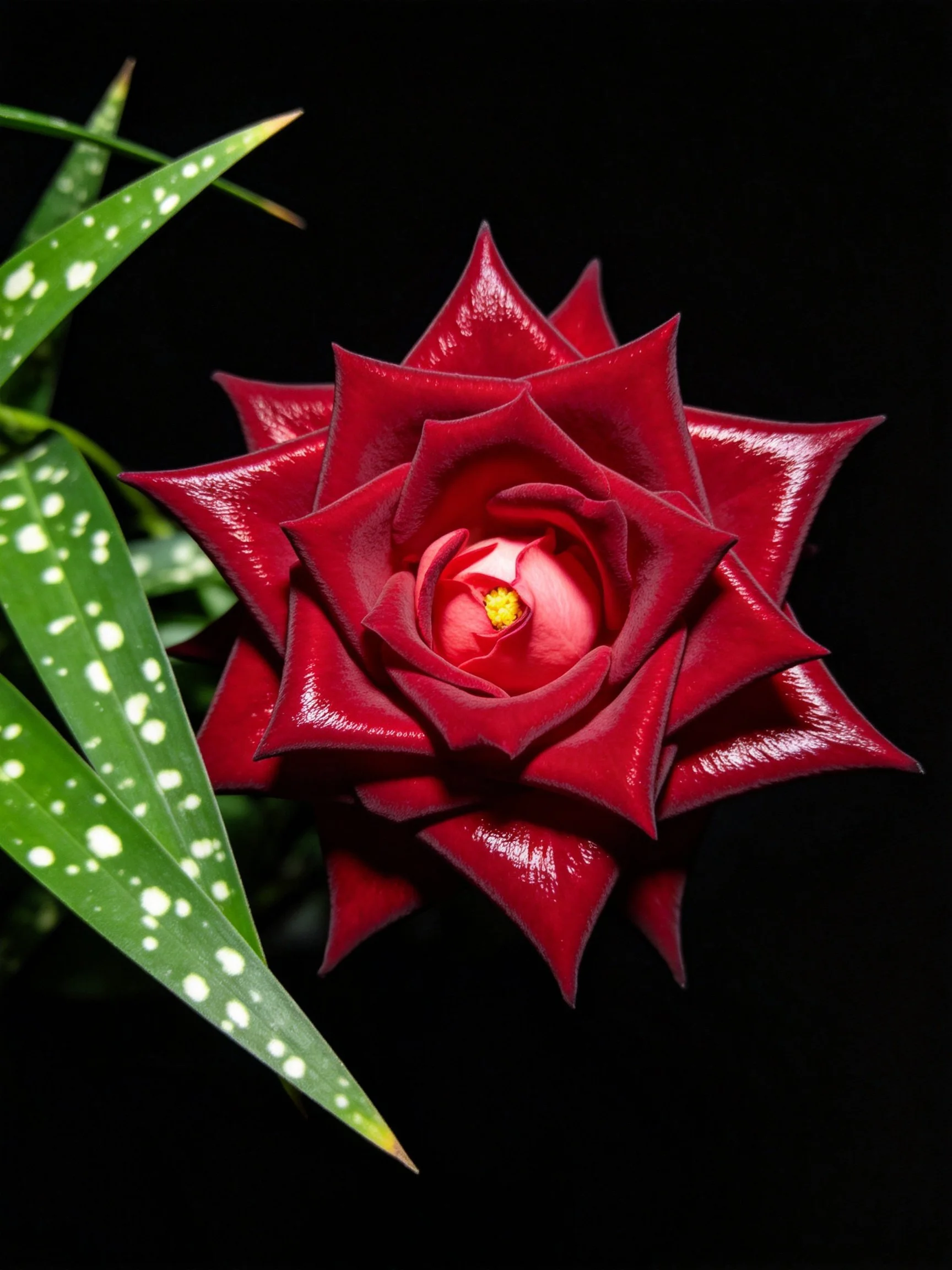 A vibrant dark red rose with glossy petals beside spotted green leaves