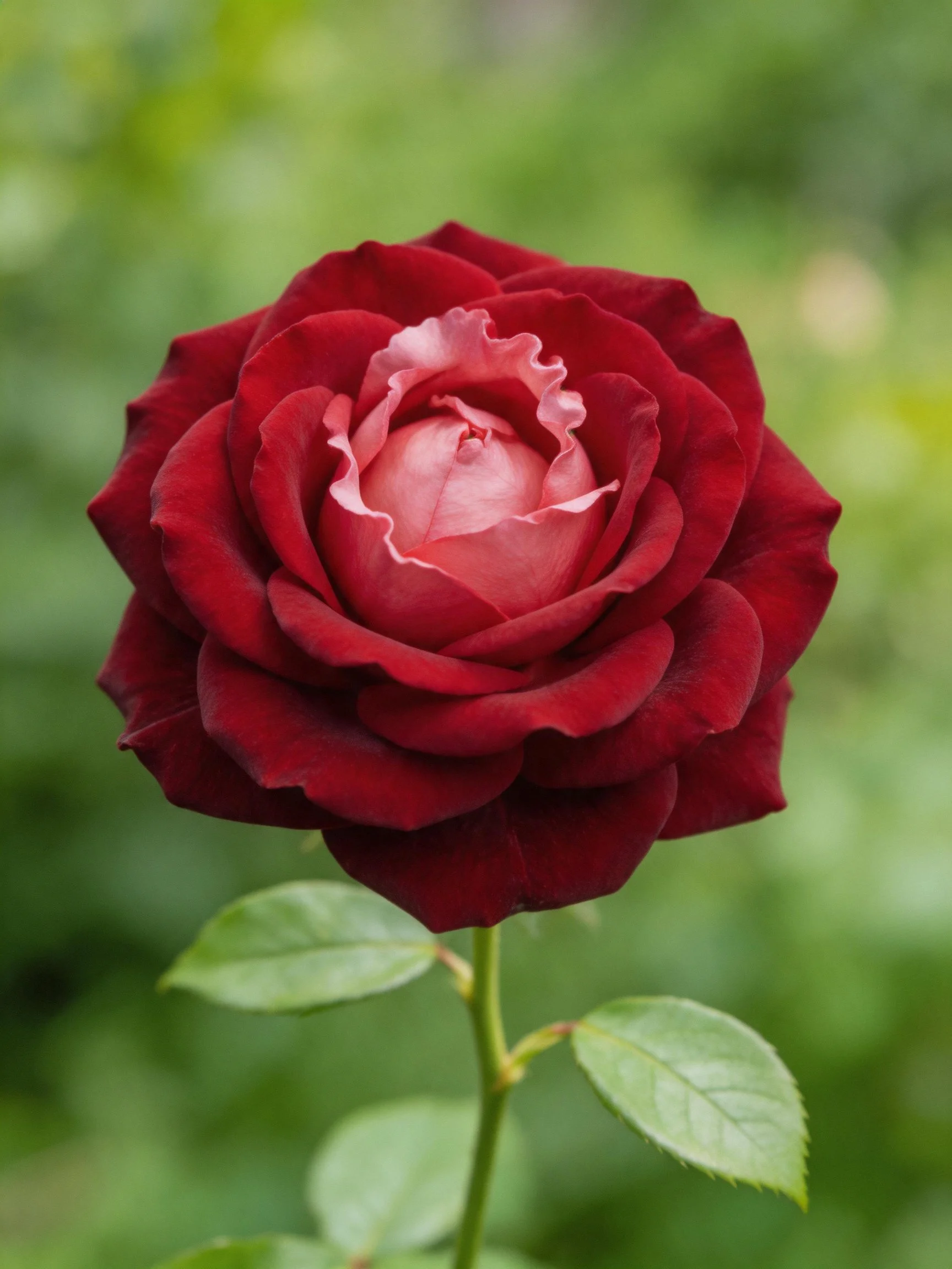 A vibrant dark red rose with pink center blooming against green foliage