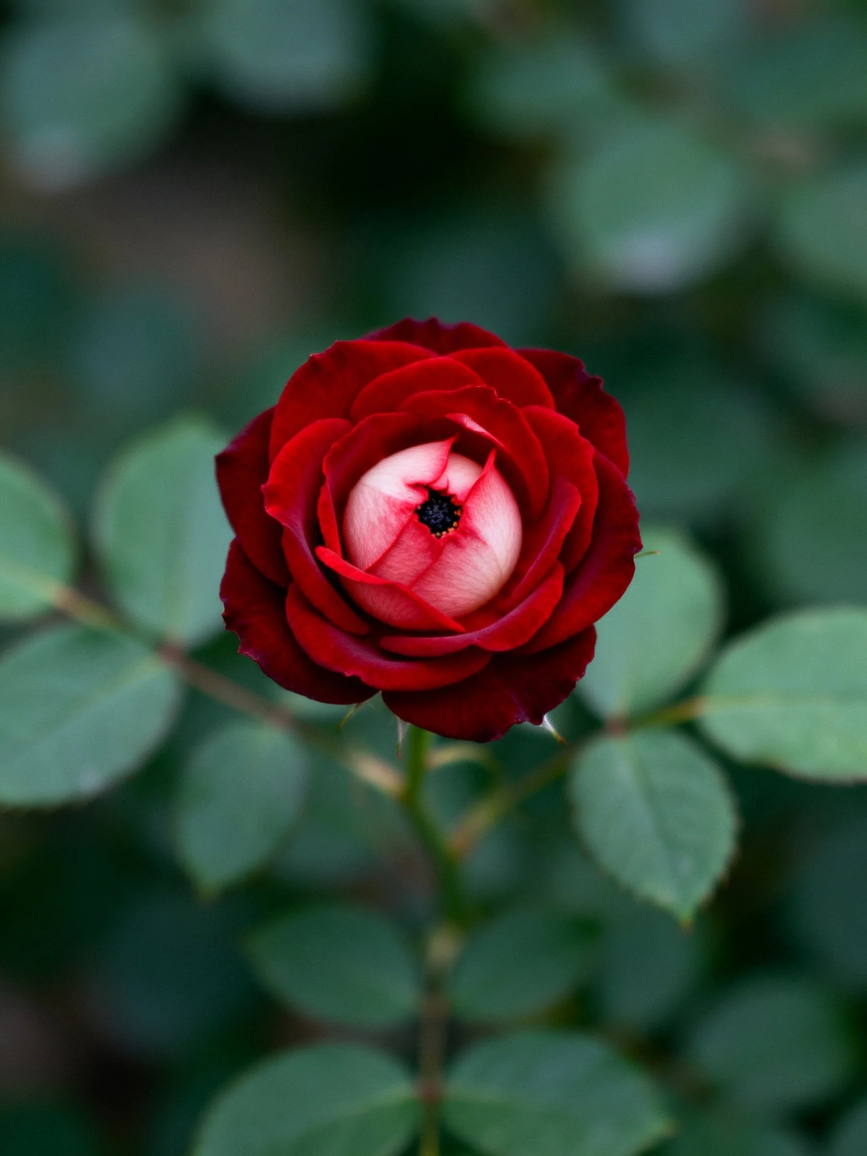 A vibrant dark red rosebud with layered petals and green foliage backdrop