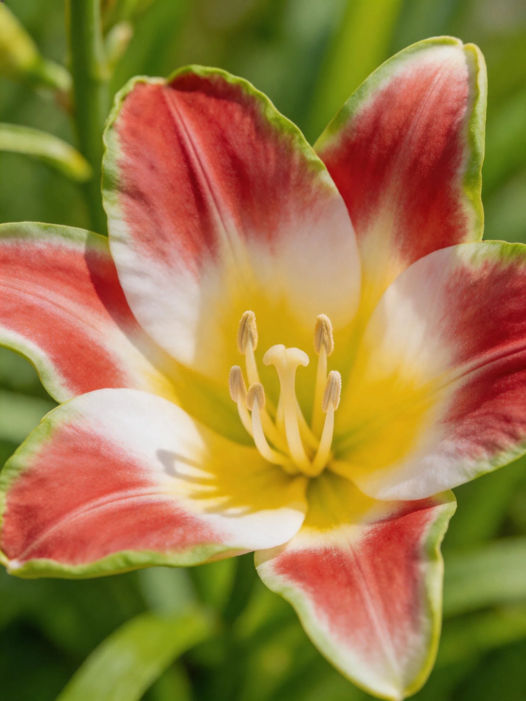 A vibrant daylily with red, white, and yellow petals