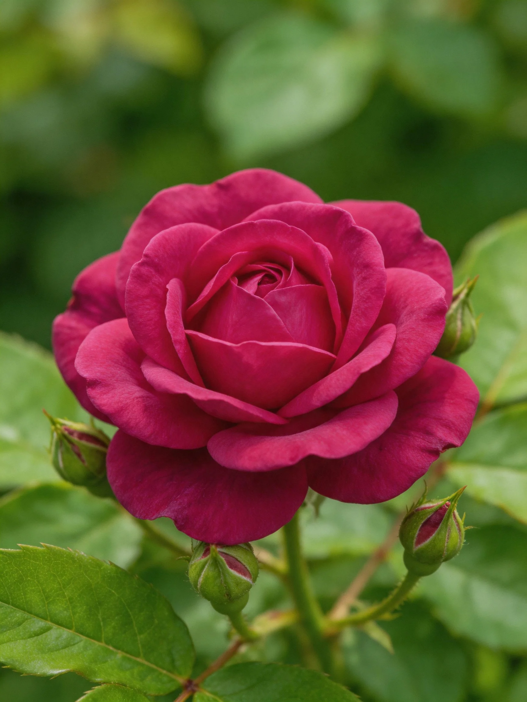 A vibrant deep magenta rose blooms amid green foliage and buds