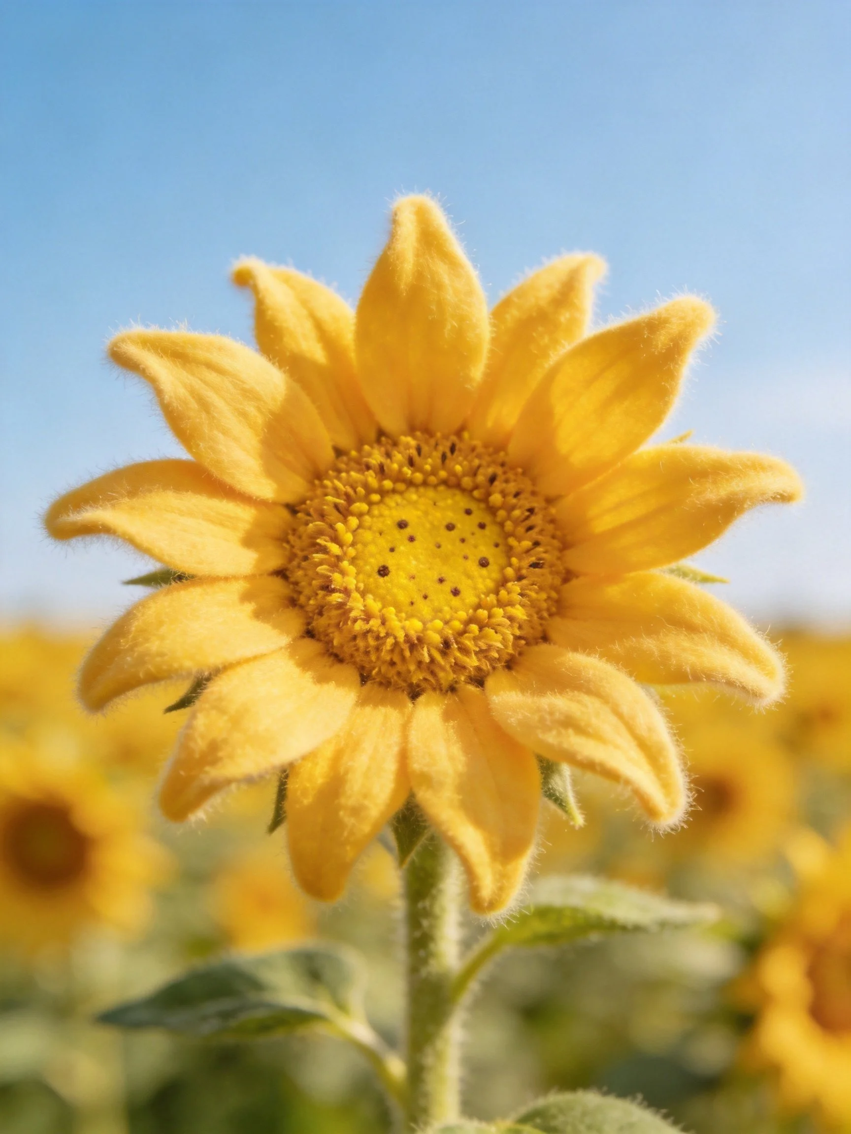 A vibrant felt sunflower with golden petals against a clear blue sky
