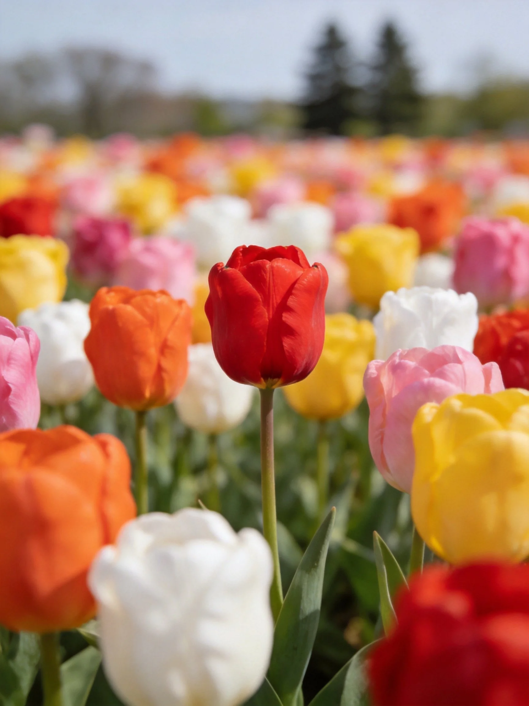 A vibrant field of multicolored tulips featuring a central red tulip