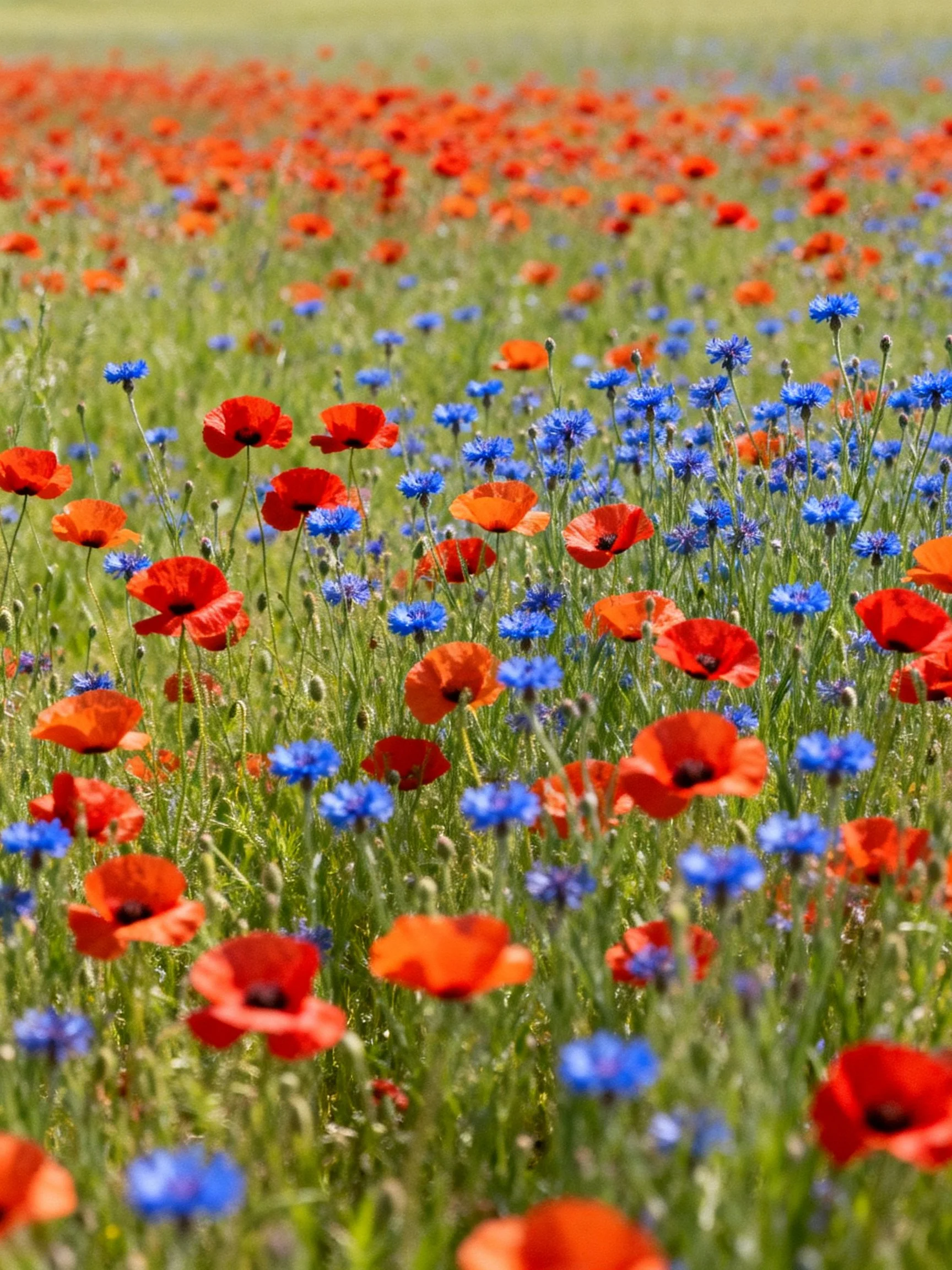A vibrant field of red poppies and blue cornflowers in a sun-drenched meadow