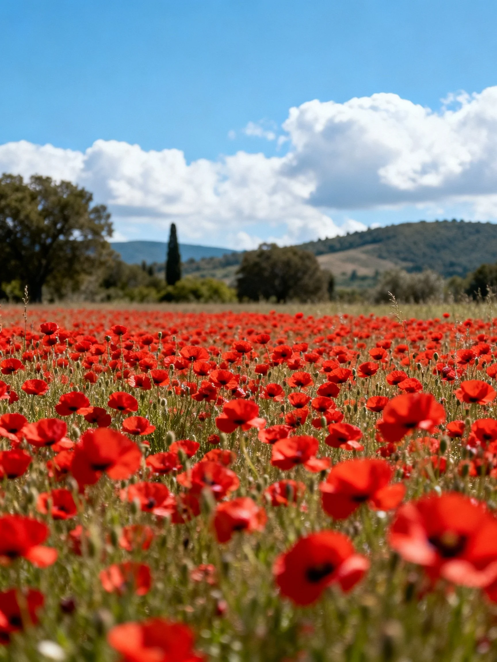 A vibrant field of red poppies stretches toward rolling hills under bright blue skies