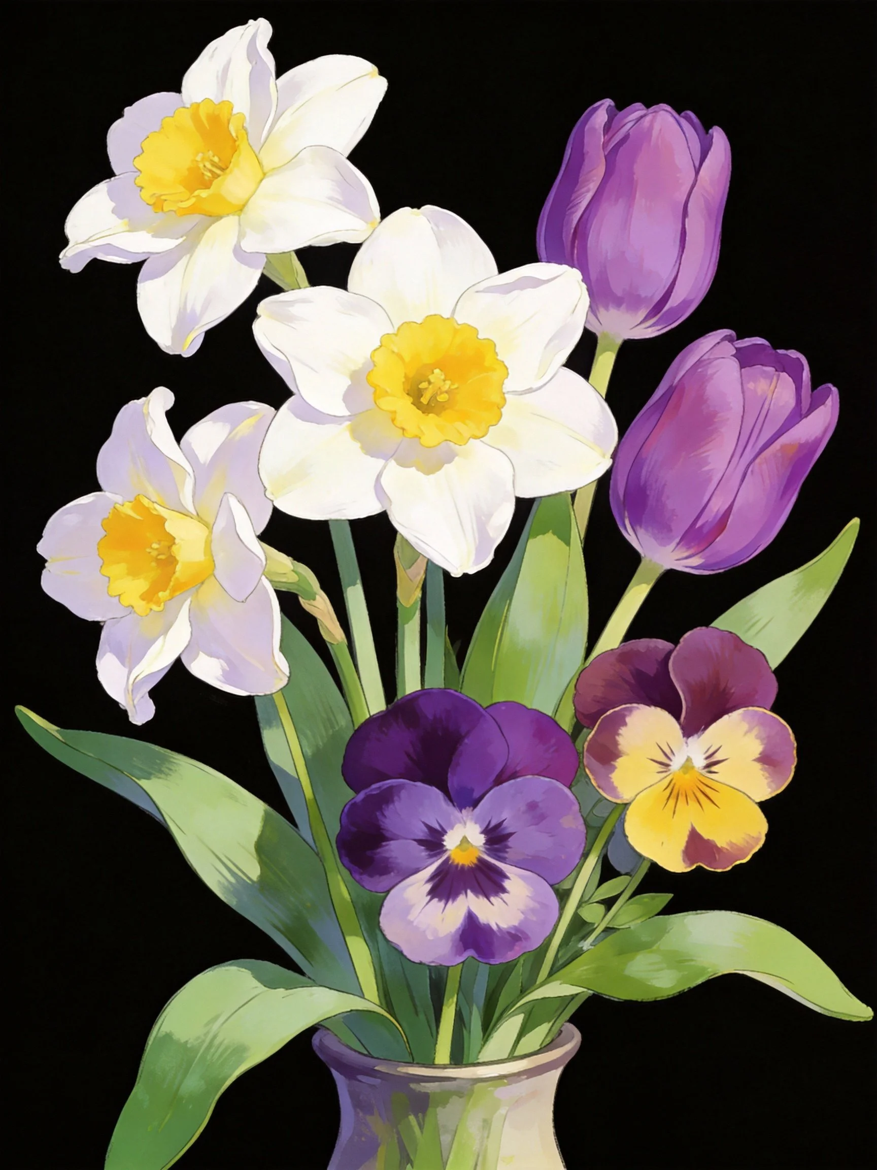 A vibrant floral arrangement with daffodils, tulips, and pansies
