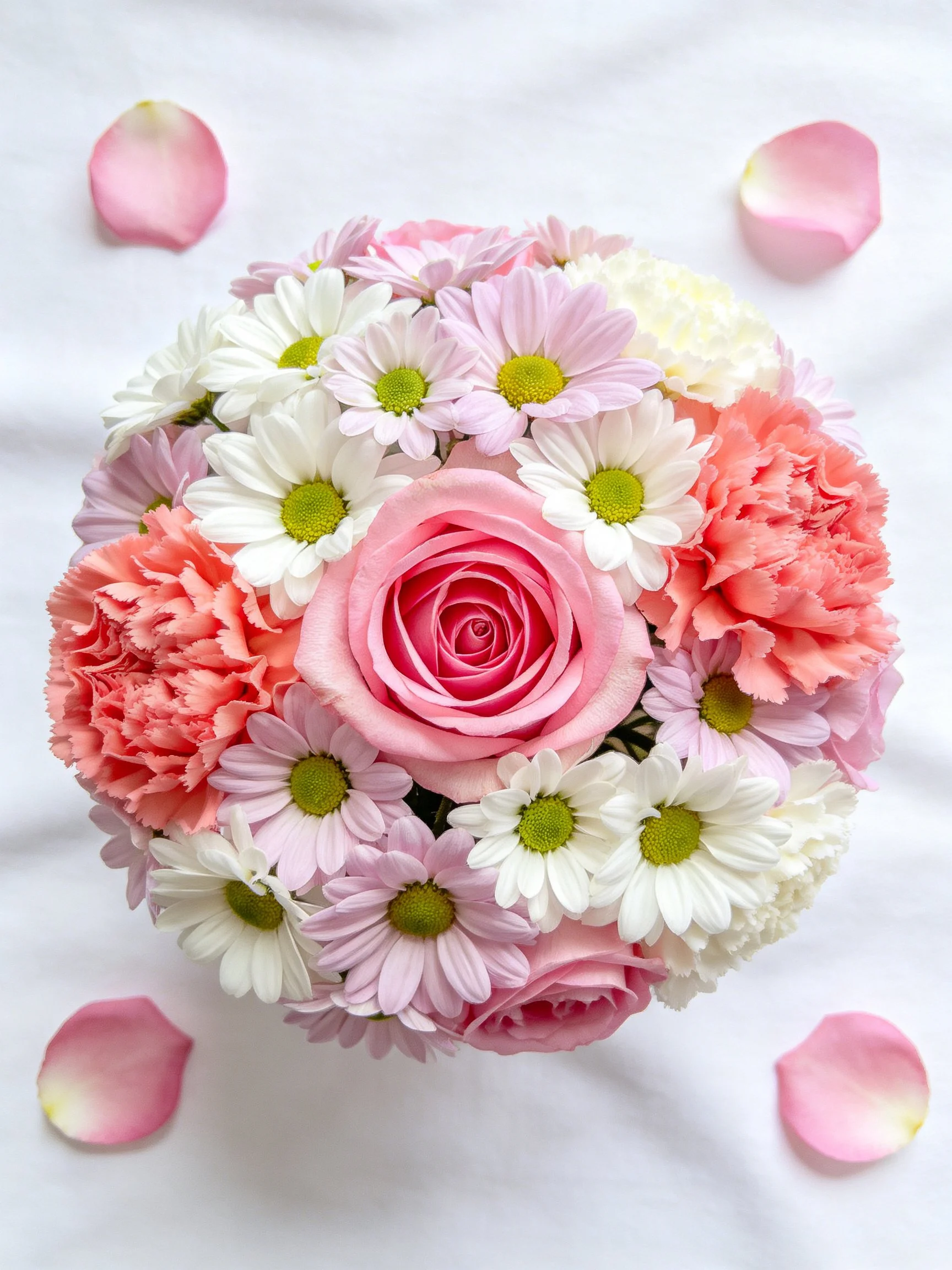 A vibrant floral arrangement with pink roses, white daisies, coral carnations, and scattered petals
