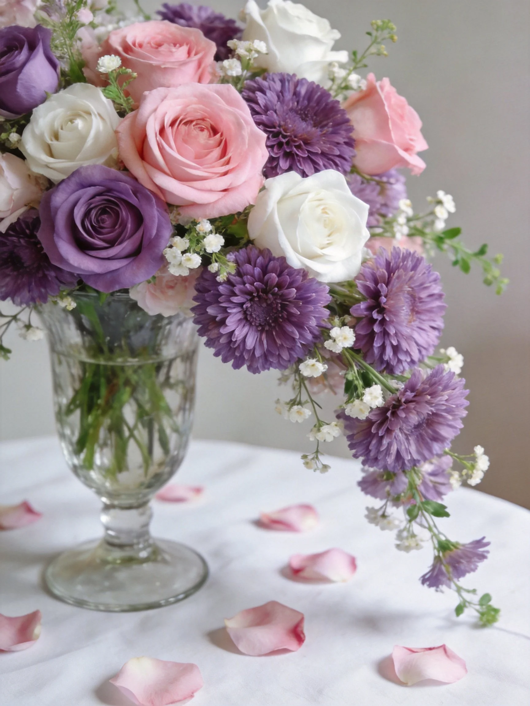 A vibrant floral arrangement with pink, white, and purple blooms in a glass vase