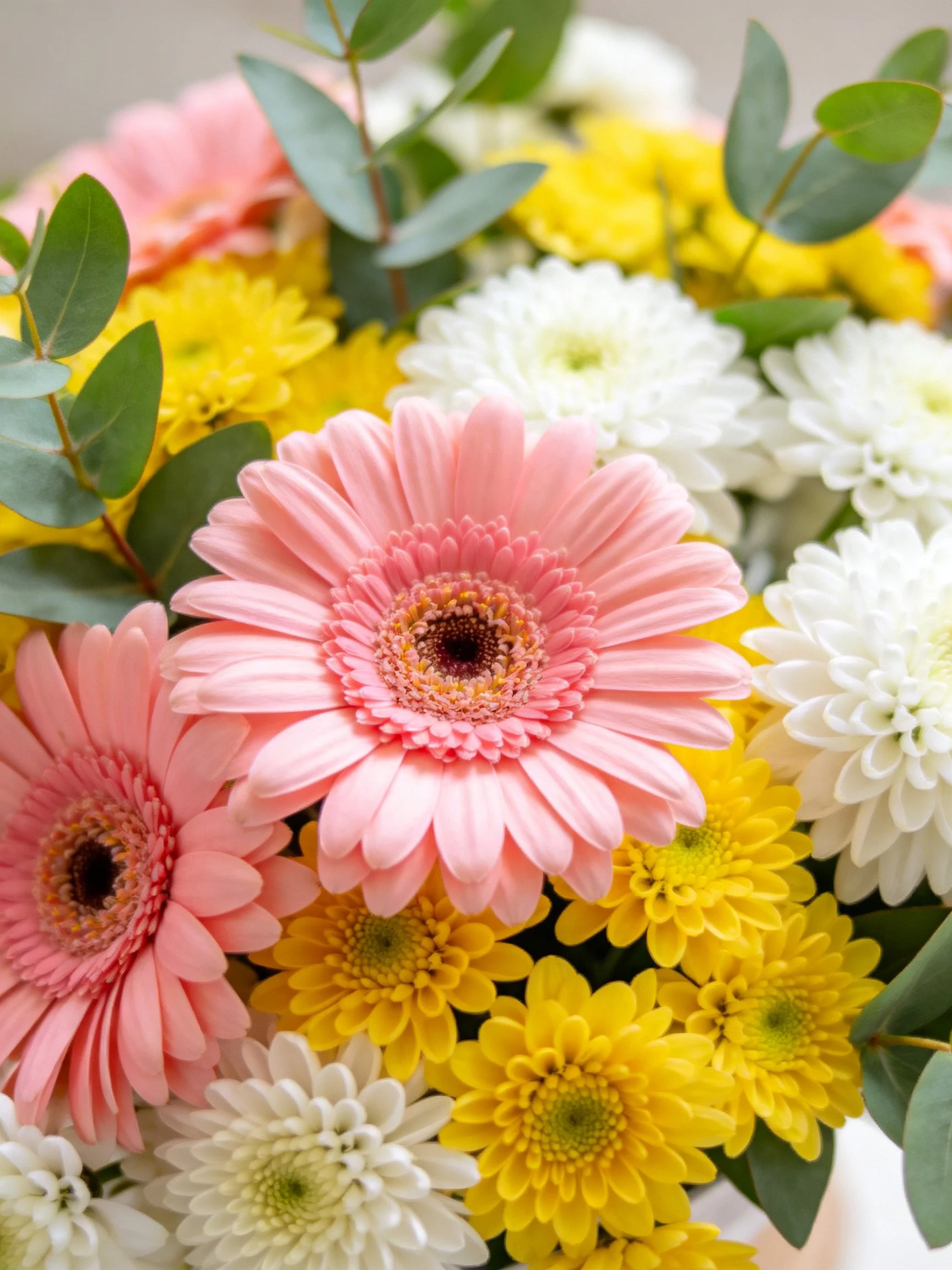A vibrant floral arrangement with pink, yellow, white flowers and green leaves