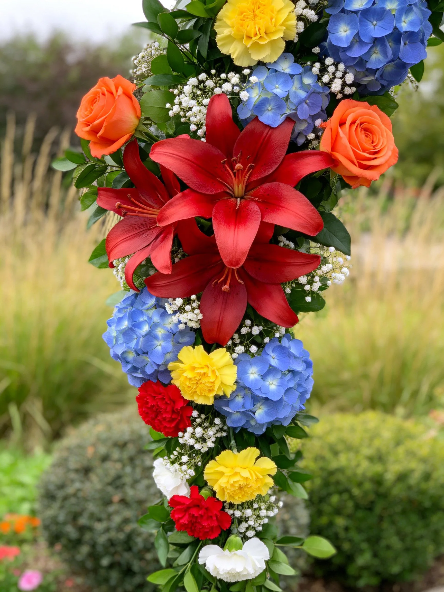 A vibrant floral arrangement with red lilies, orange roses, blue hydrangeas, and mixed blooms
