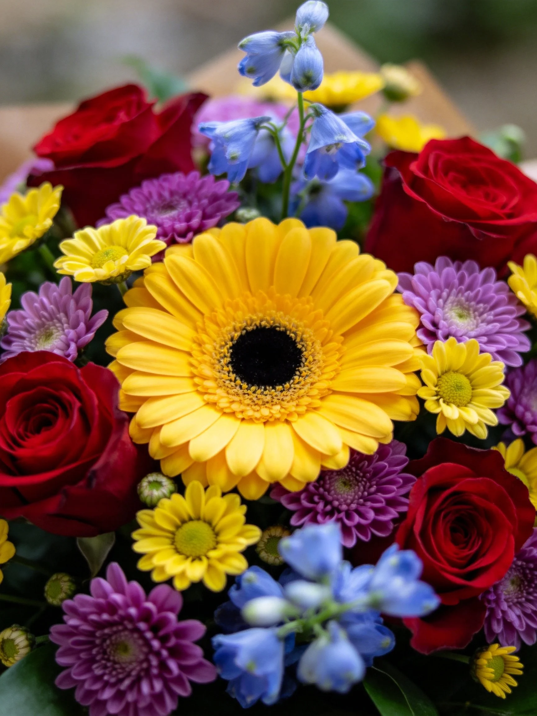 A vibrant floral arrangement with red roses, yellow gerbera, purple, and blue blooms