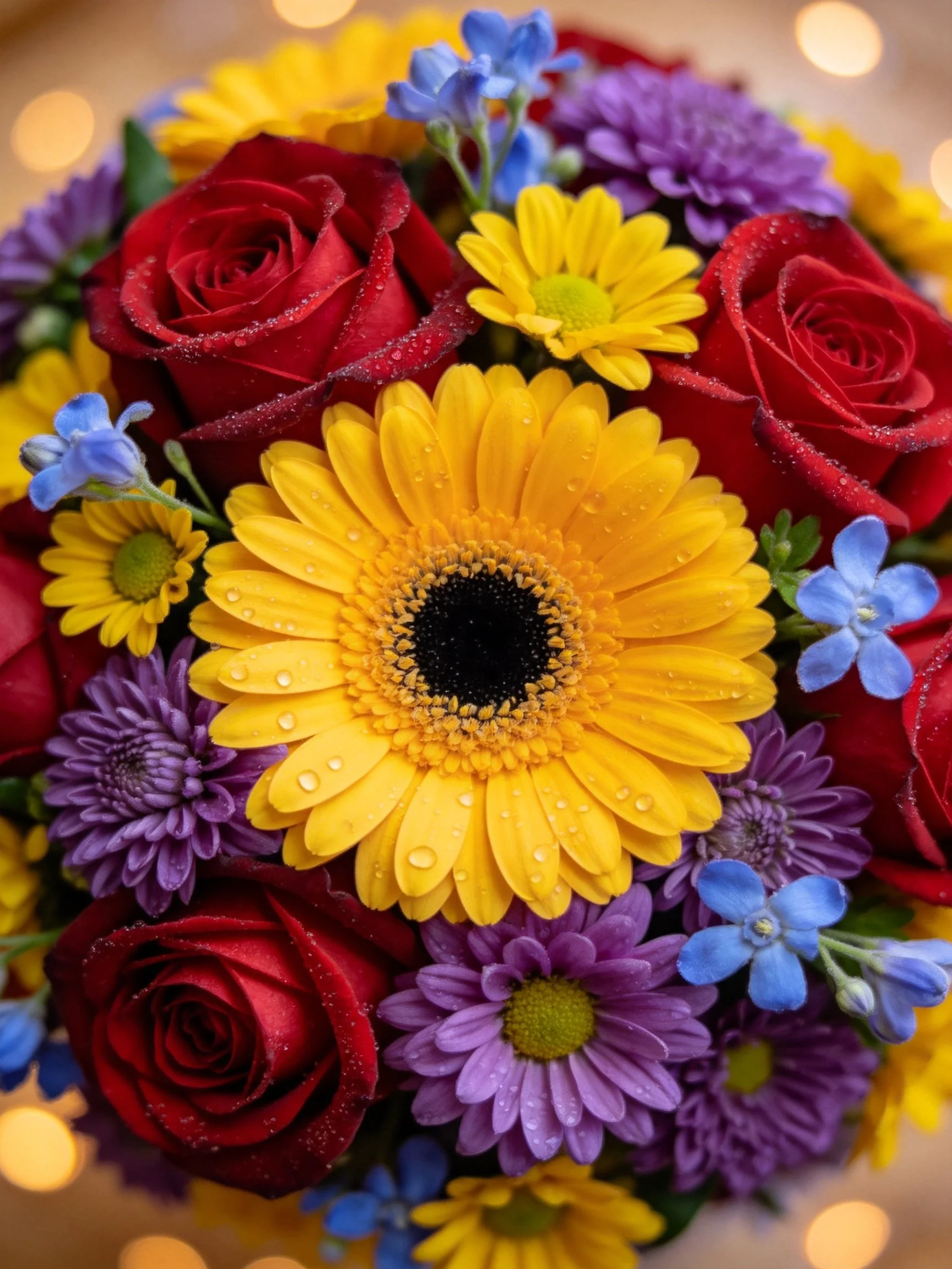 A vibrant floral arrangement with red roses, yellow gerberas, and purple-blue flowers