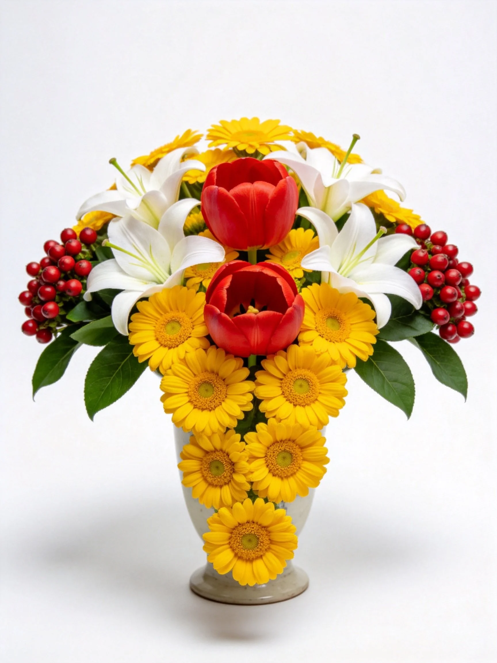 A vibrant floral display with red tulips, white lilies, yellow daisies, and red berries