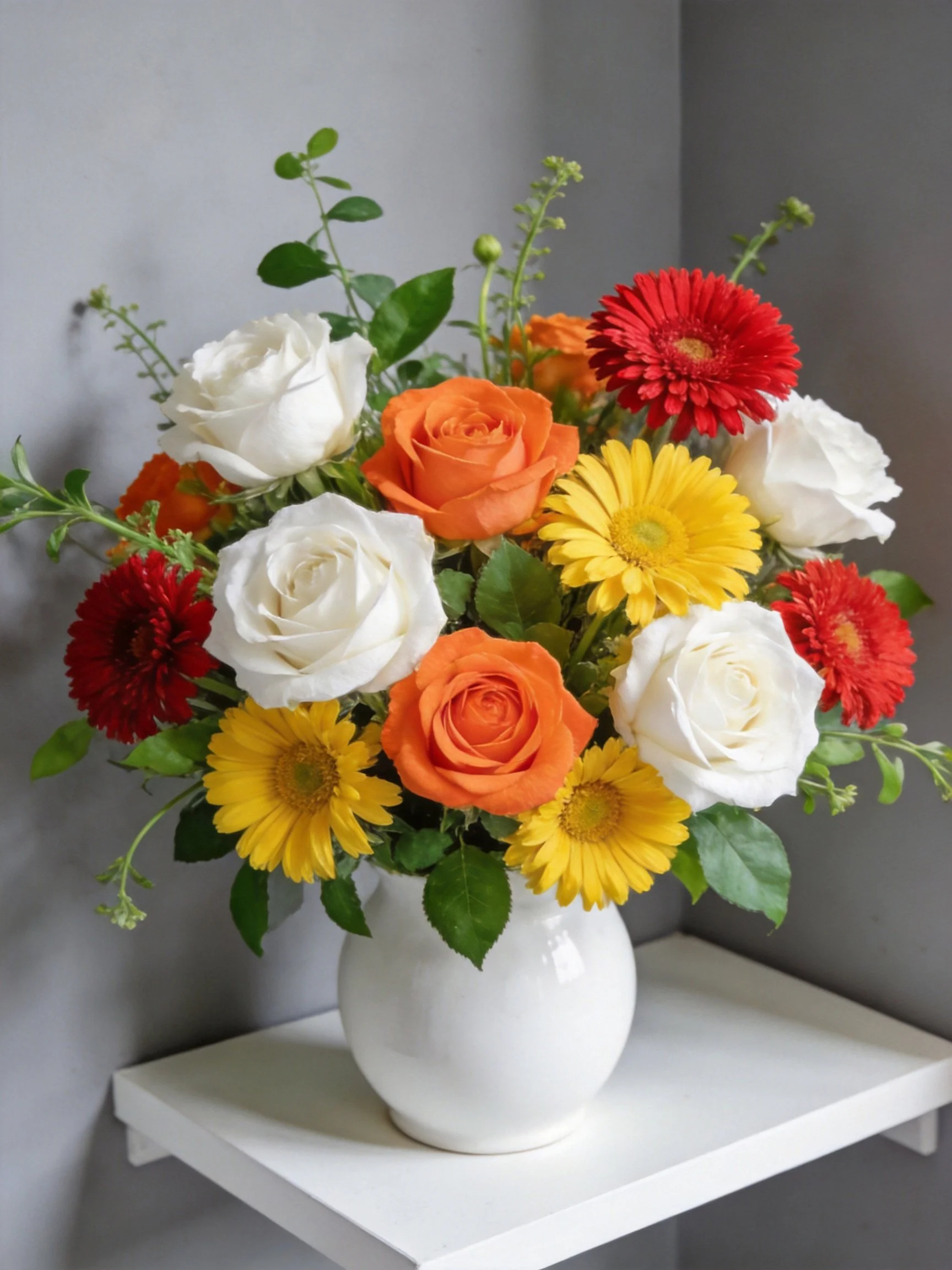 A vibrant flower arrangement with orange, white, and red blooms