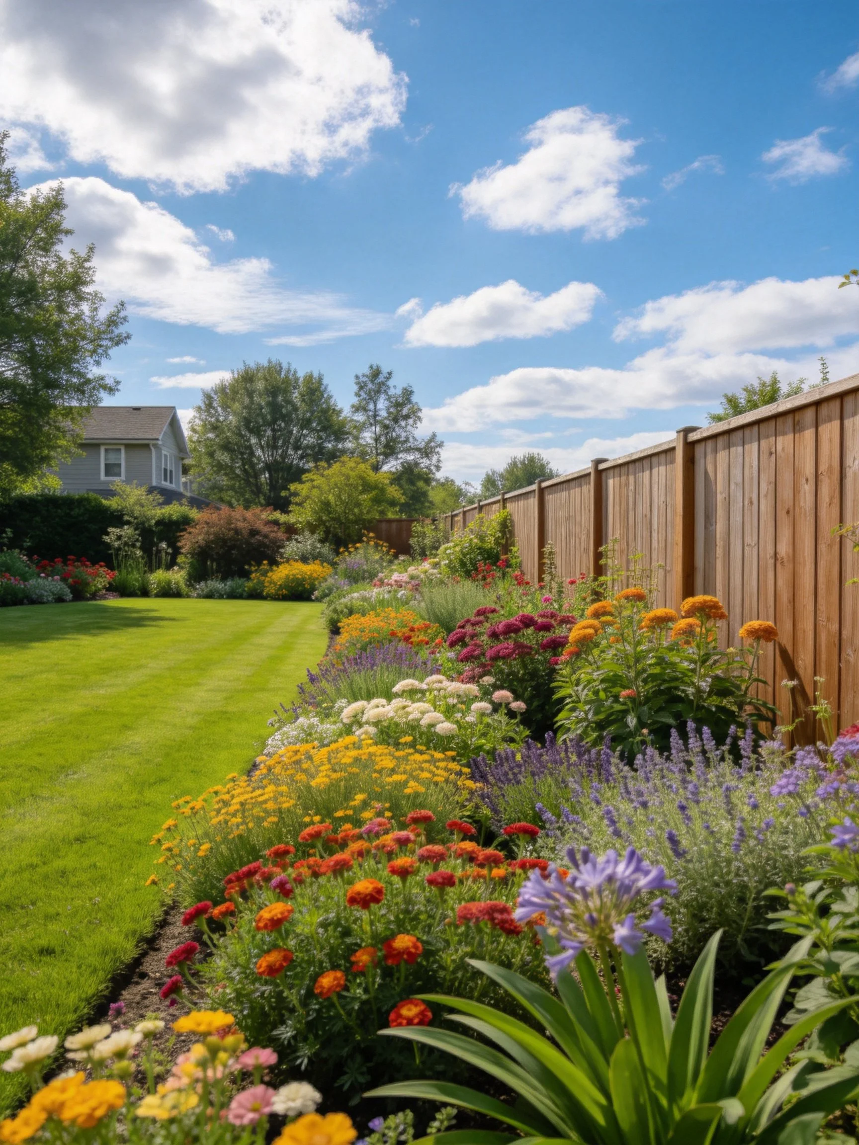A vibrant flower bed beside a wooden fence with lush green lawn