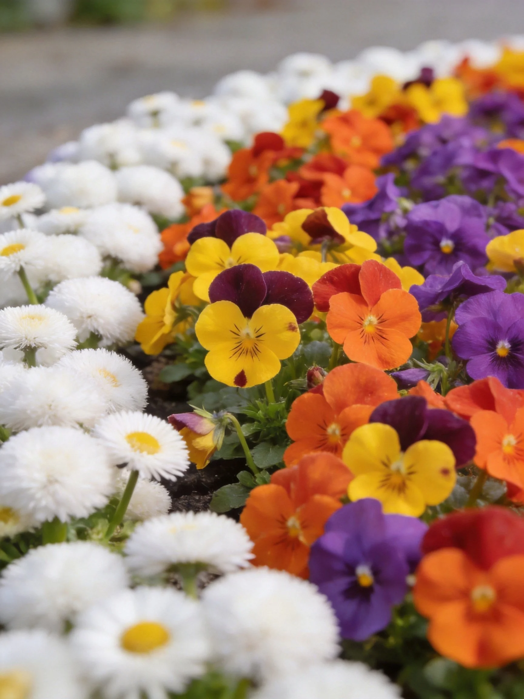 A vibrant flower bed showcasing white daisies, yellow, orange, and purple blooms