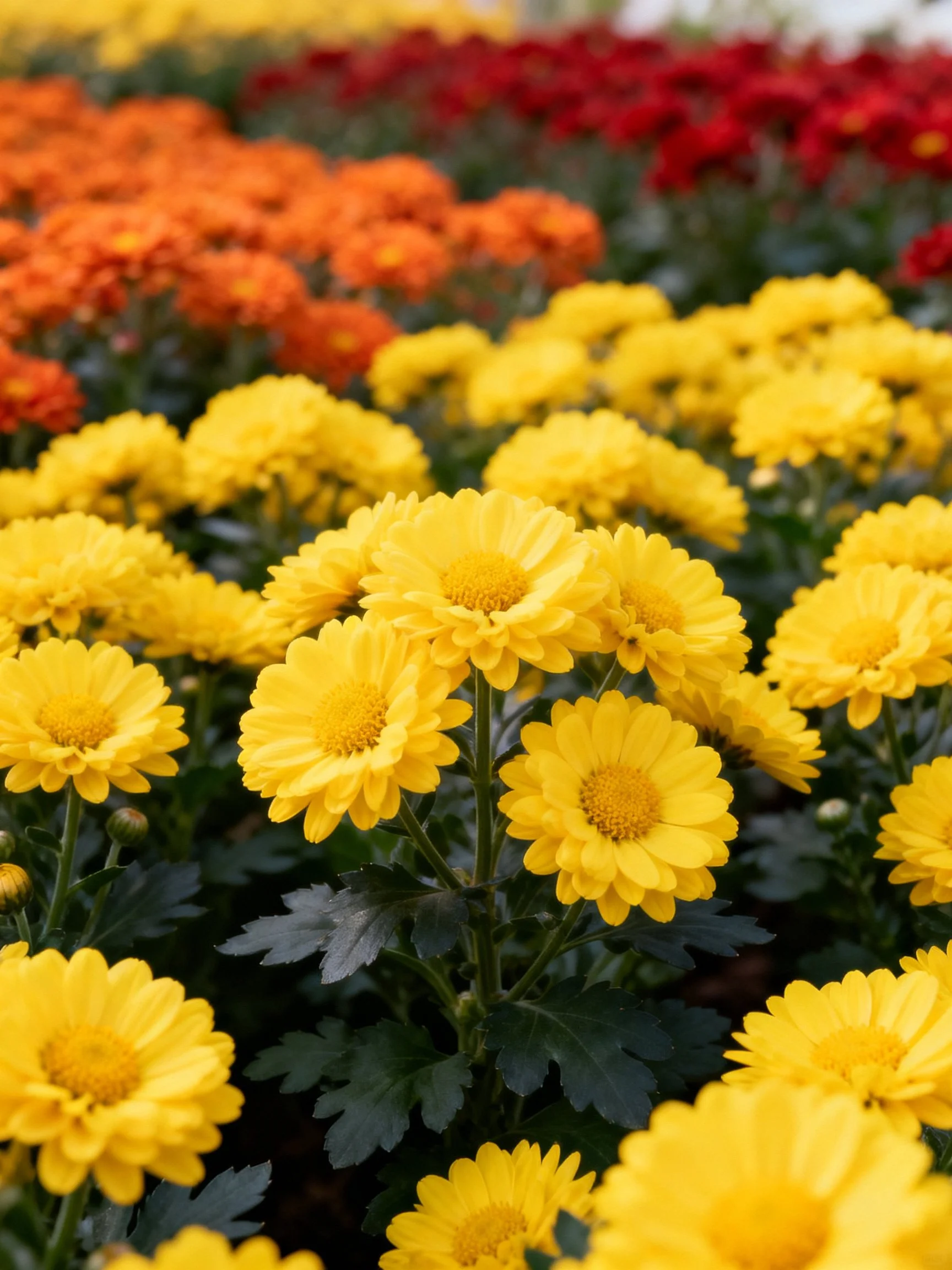 A vibrant flower bed with yellow, orange, and red chrysanthemums