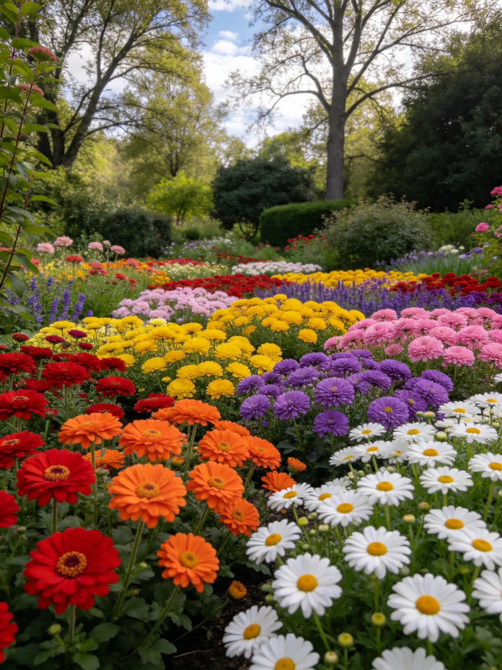 A vibrant flower garden with red, orange, yellow, pink, purple, and white blooms