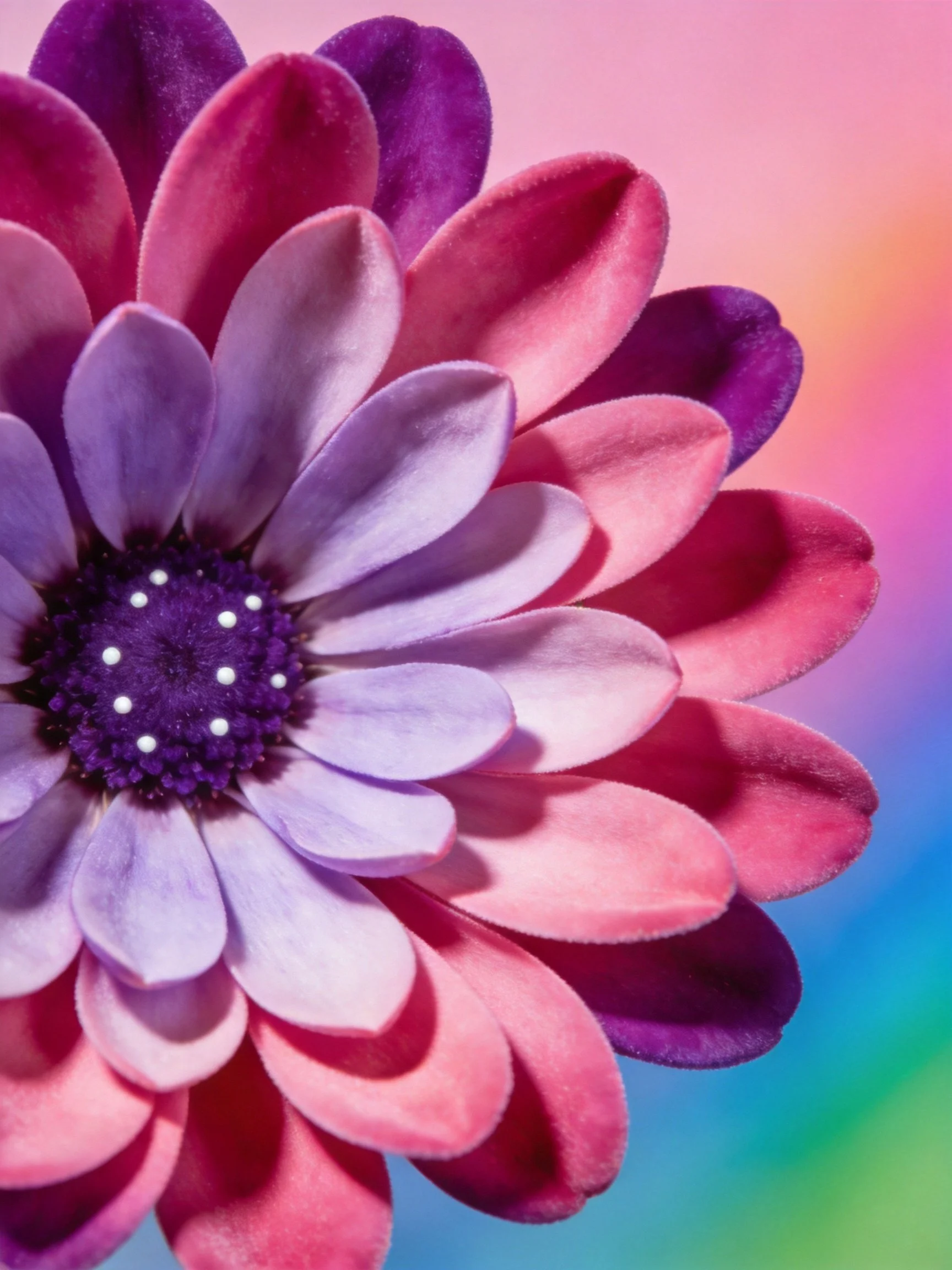 Close - up of a flower with layered purple and pink petals against a colorful backdrop.