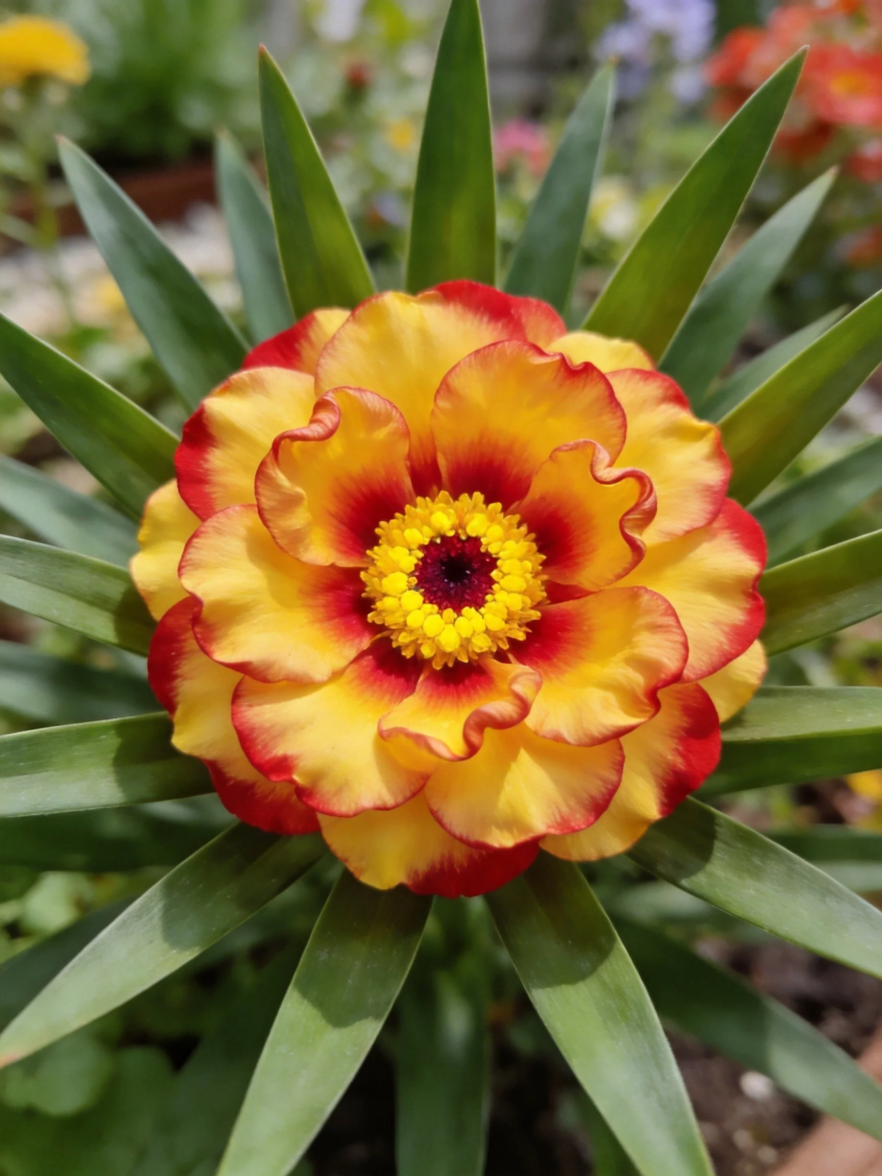 A vibrant flower with layered red-yellow petals and long green leaves