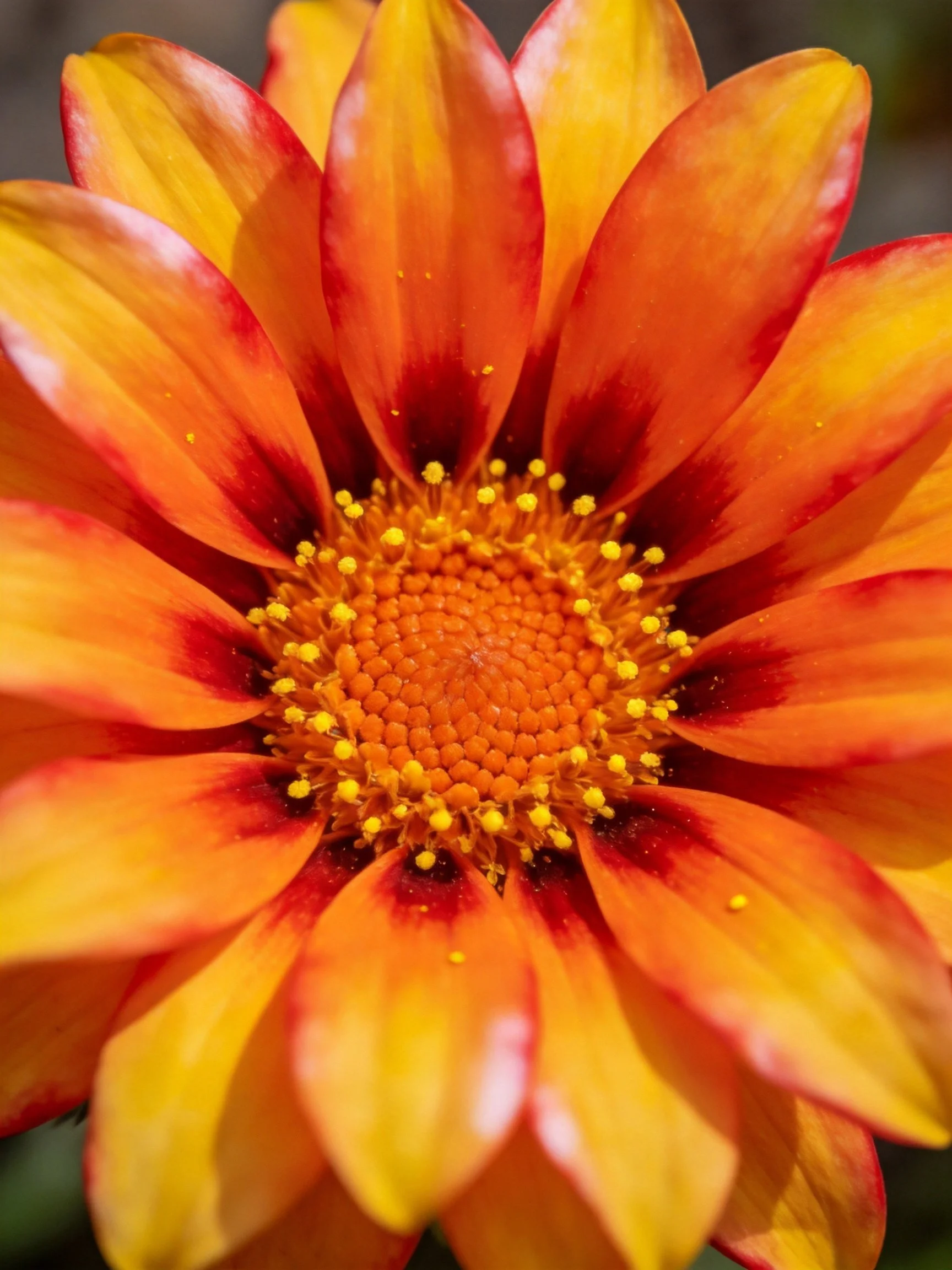A vibrant flower with orange-yellow petals and red centers