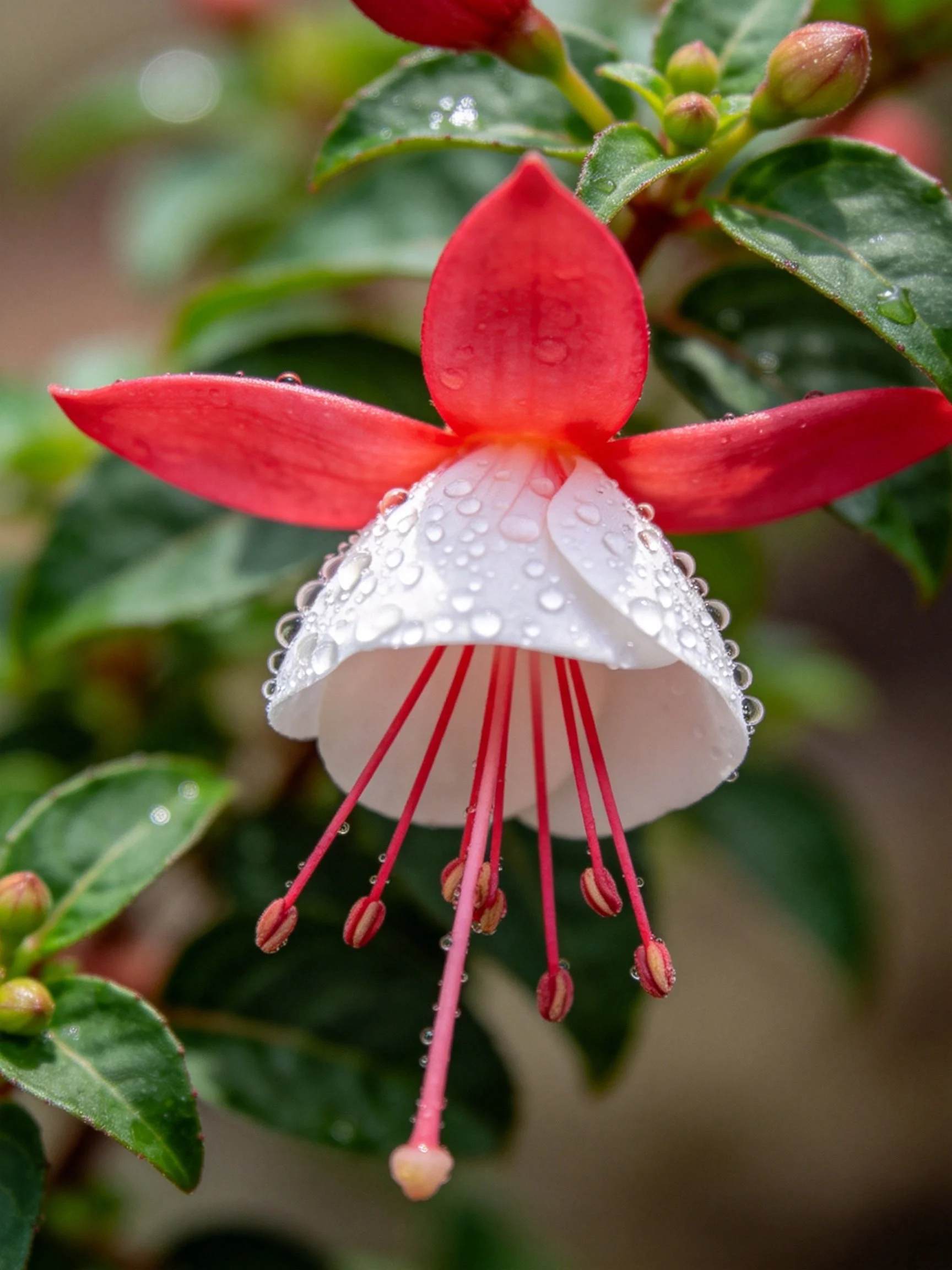 A vibrant fuchsia flower with red upper petals and white lower bloom, covered in dew