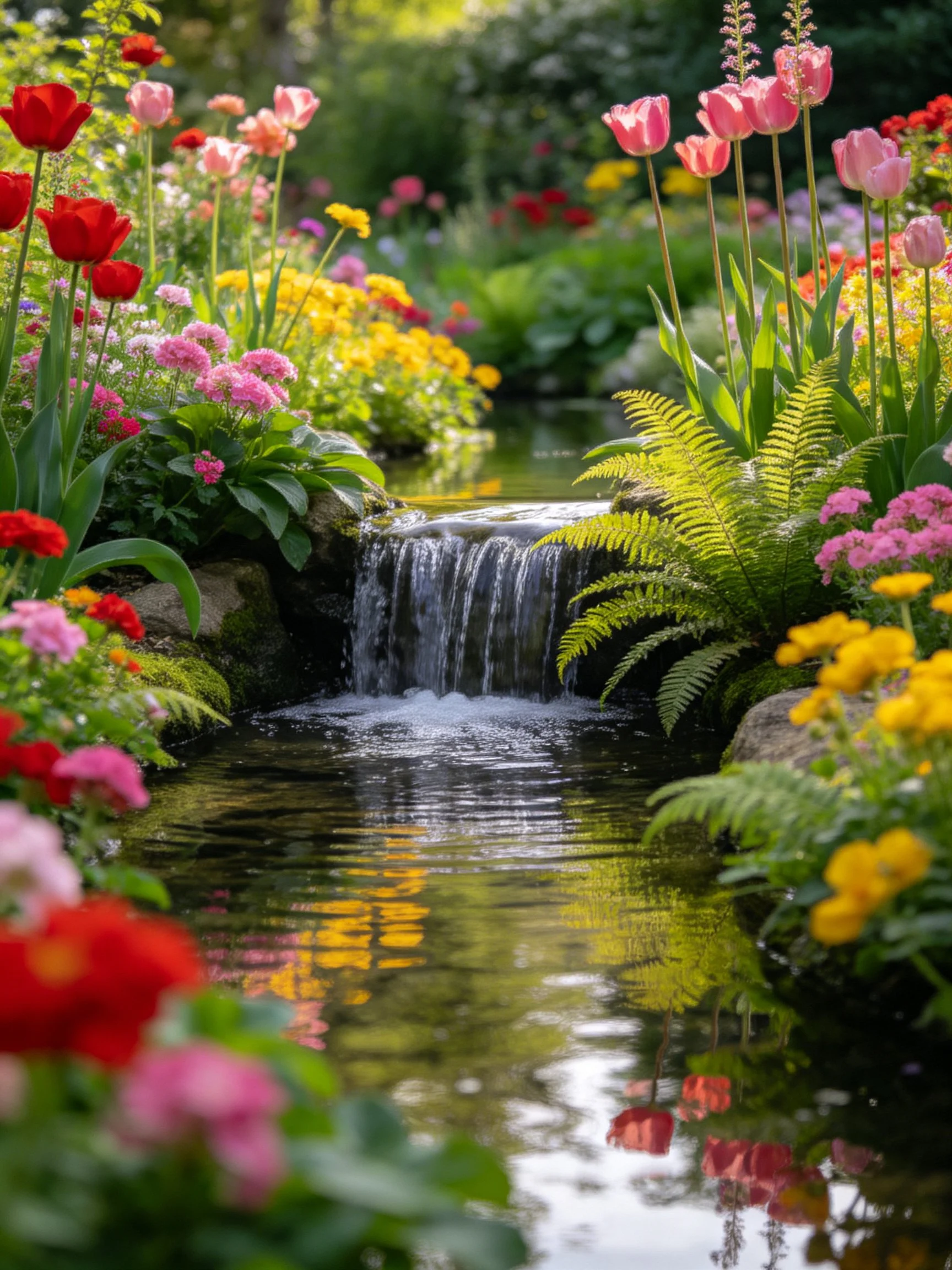 A vibrant garden with multicolored flowers and a small waterfall