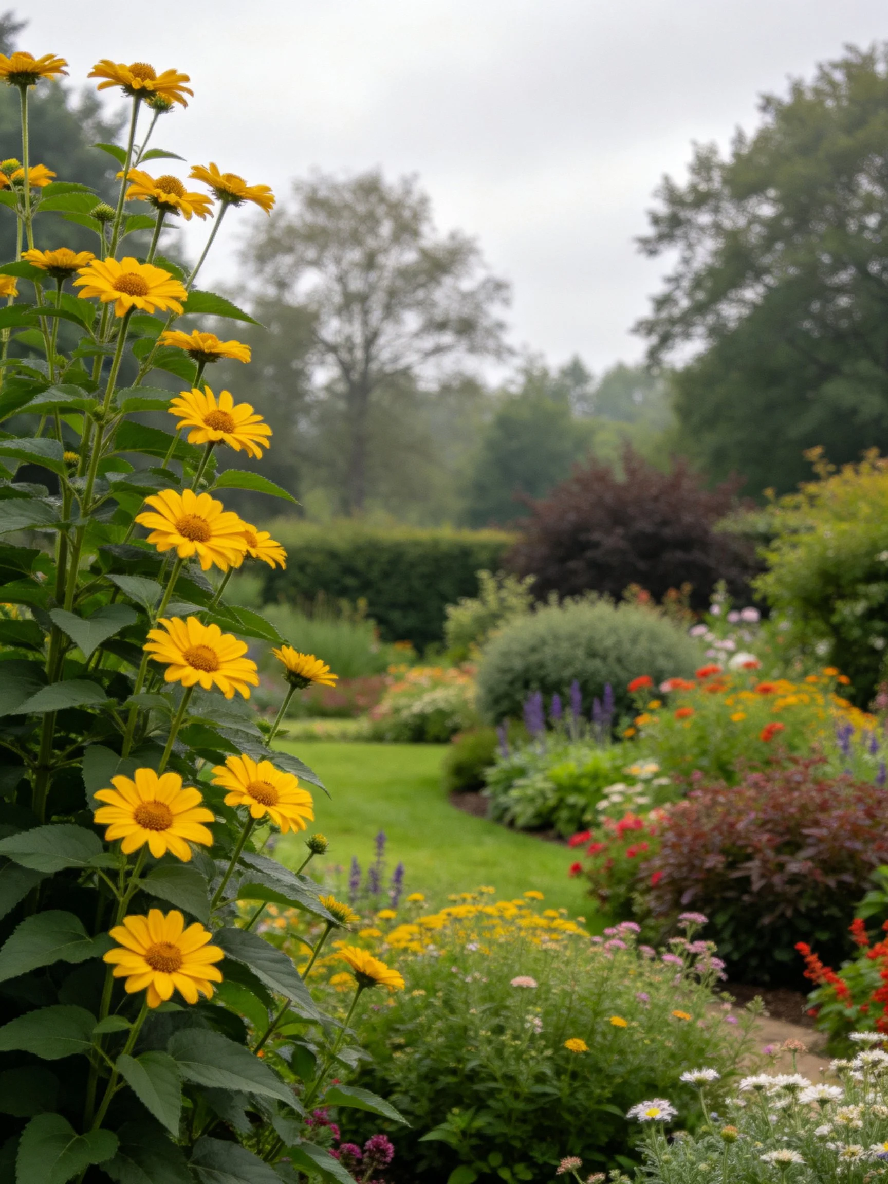 A vibrant garden with tall yellow blooms and diverse colorful flora