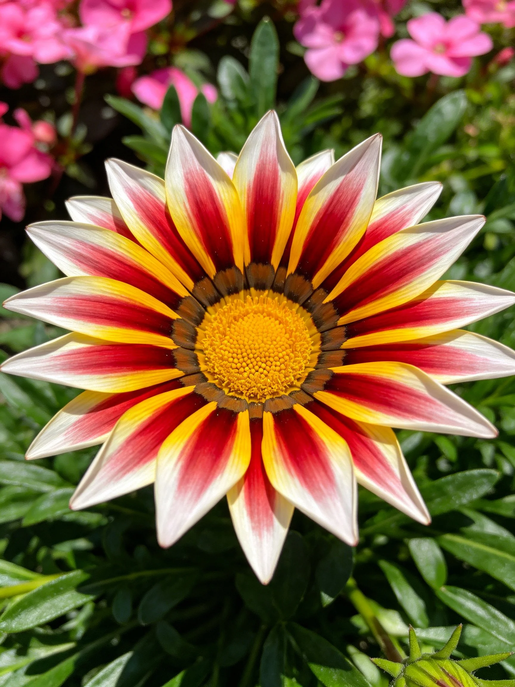 A vibrant gazania flower with red, yellow, and white petals
