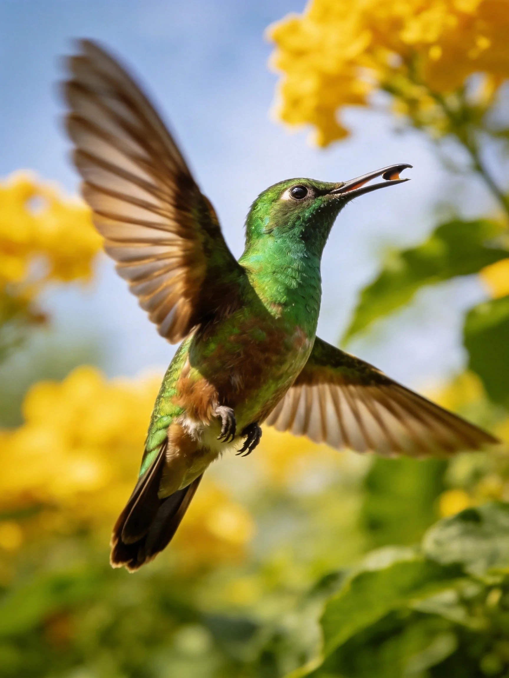 A vibrant green-brown hummingbird hovers near yellow flowers