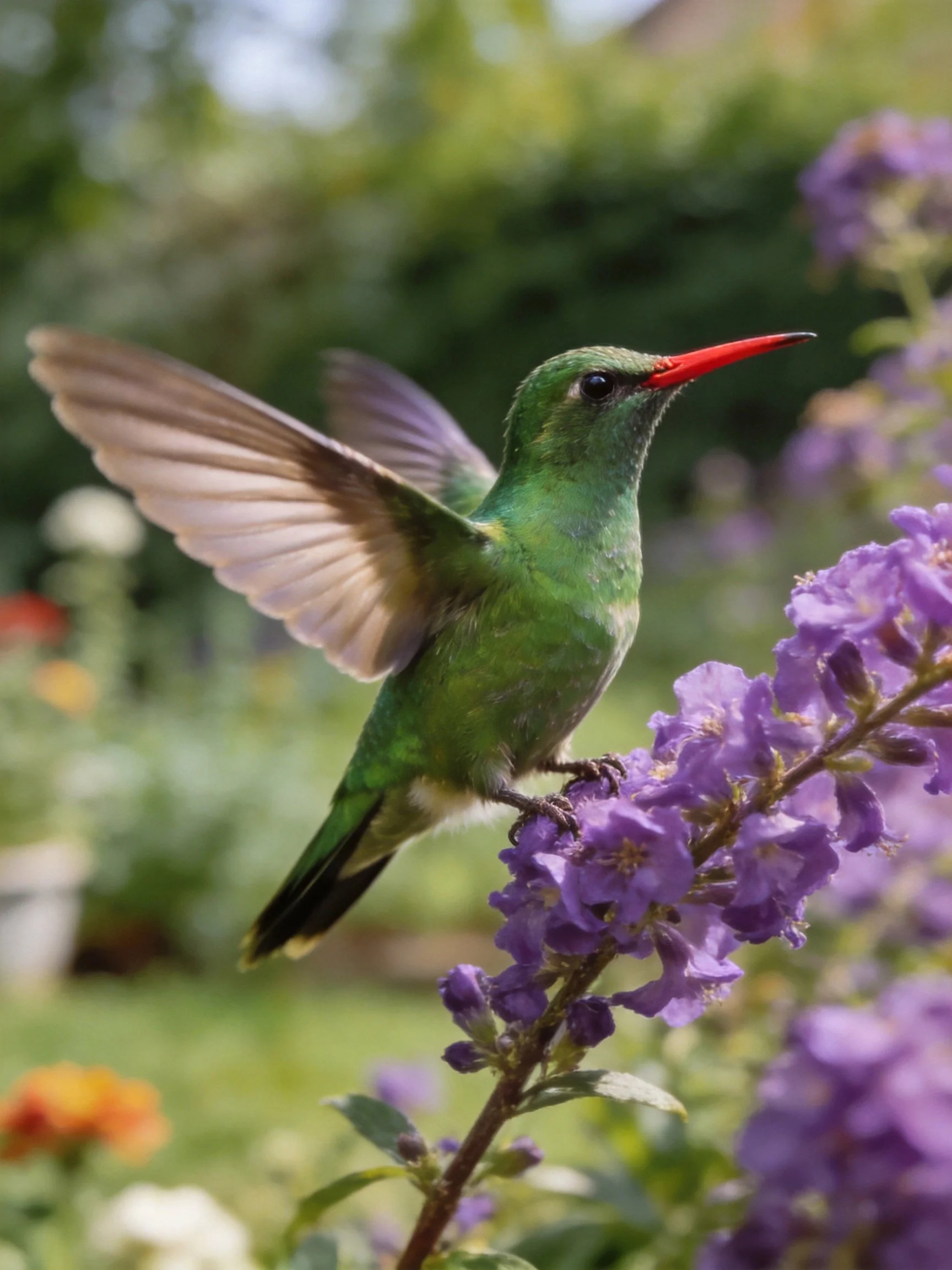 A vibrant green hummingbird perched on purple blooms
