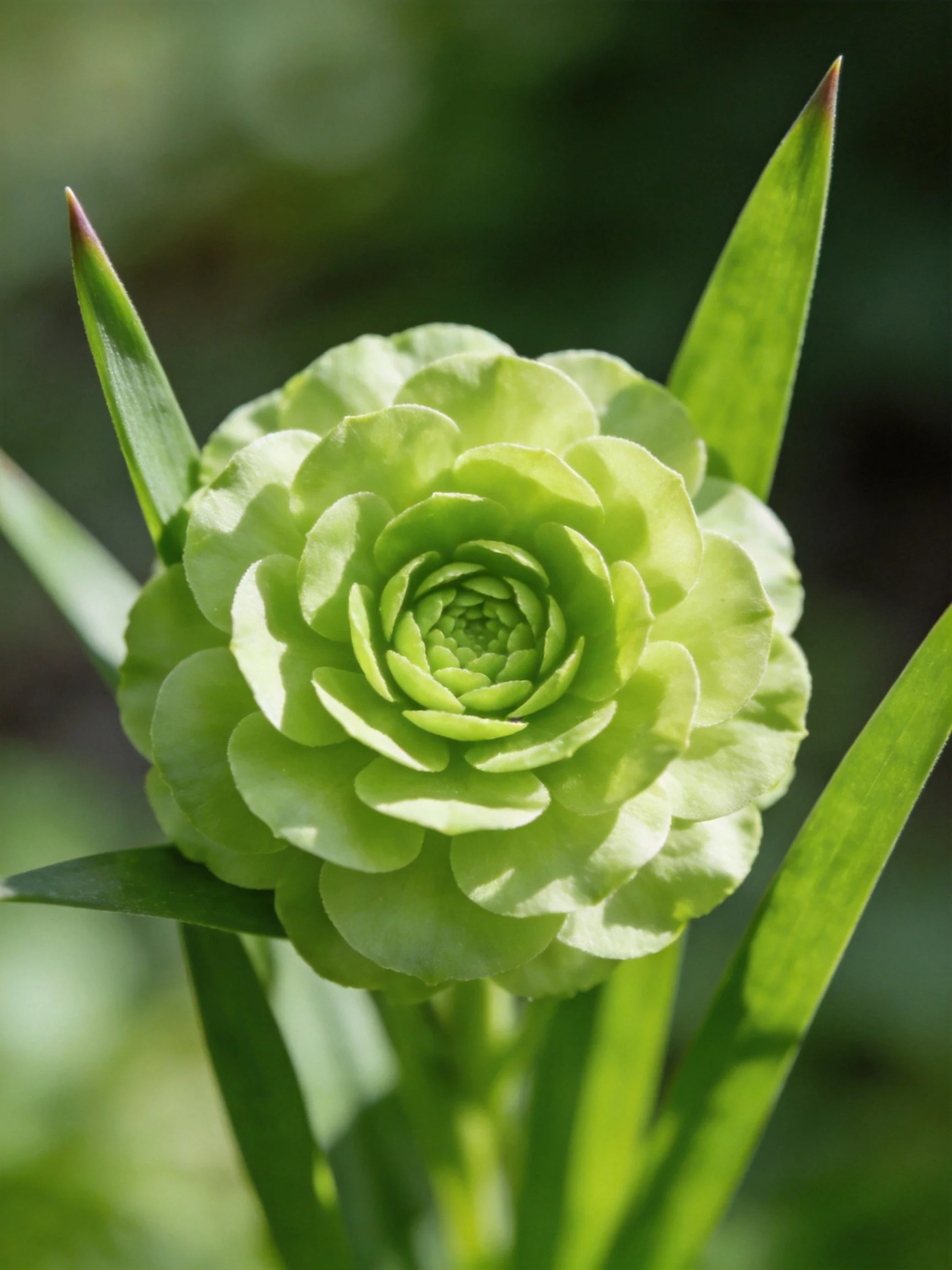 A vibrant green, layered flower bud with slender leaves