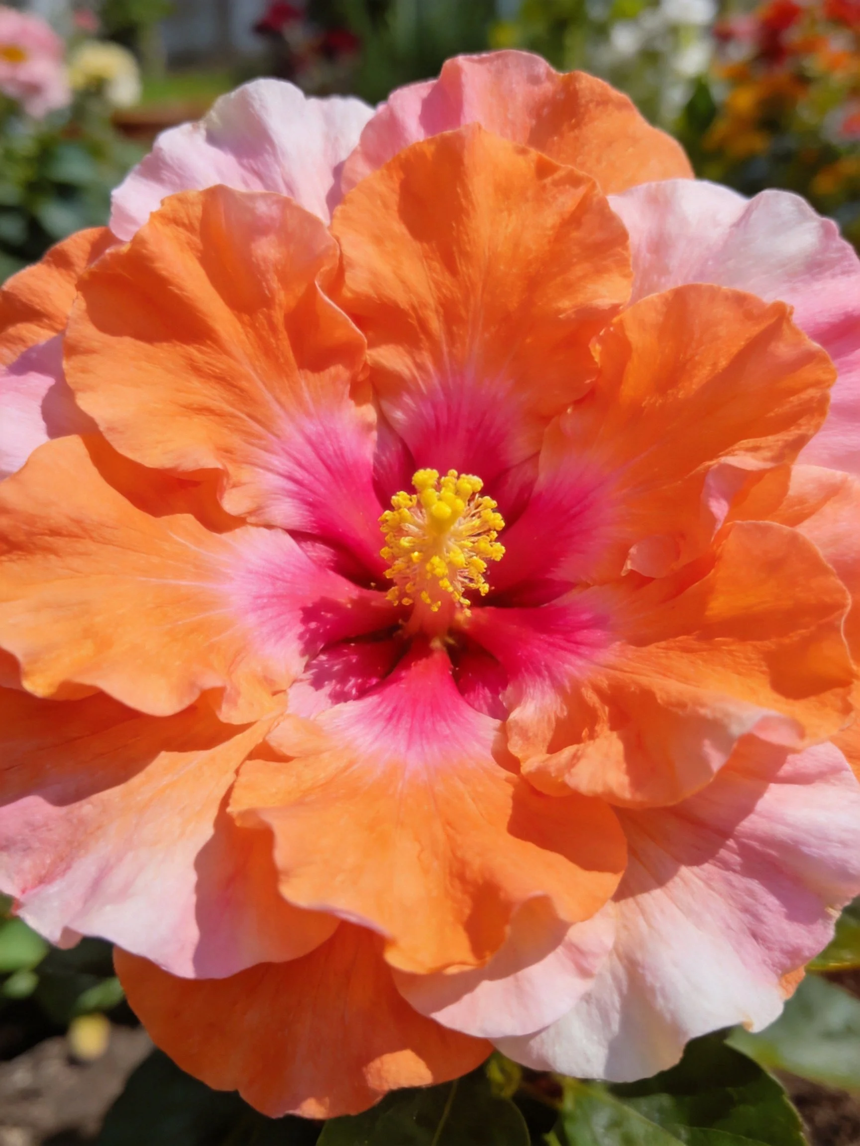 A vibrant hibiscus with layered orange and pink petals