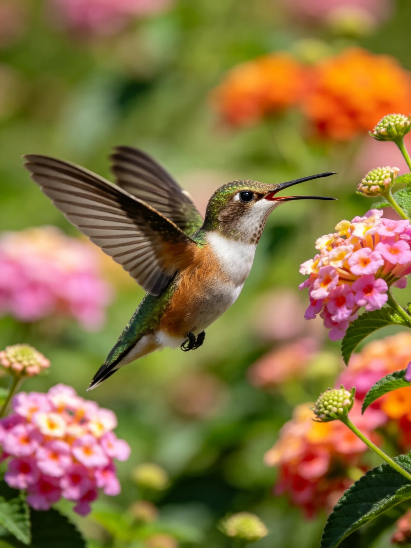 A vibrant hummingbird hovers near pink and orange blooms