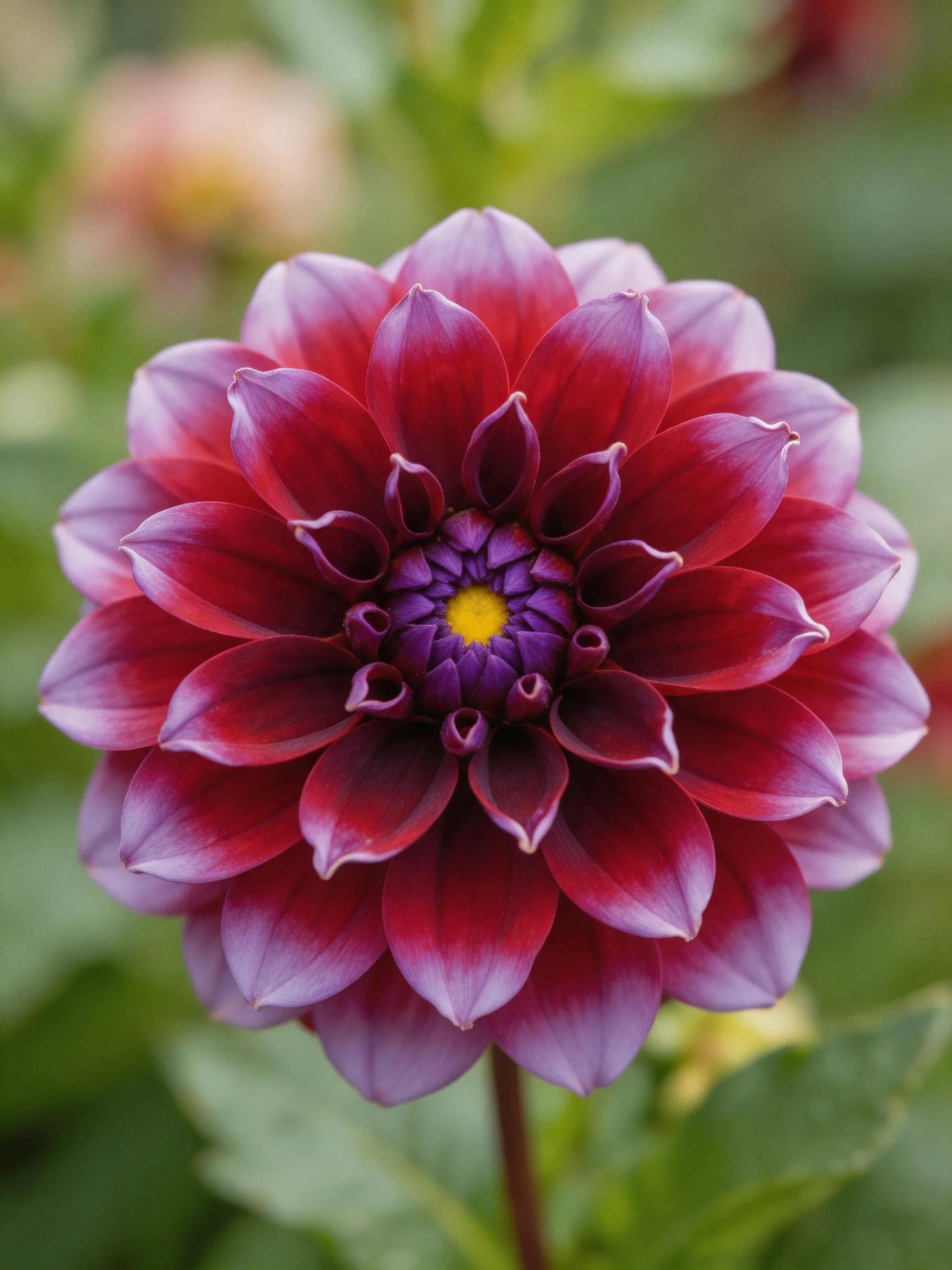 A vibrant layered dahlia with red-purple petals and a yellow center