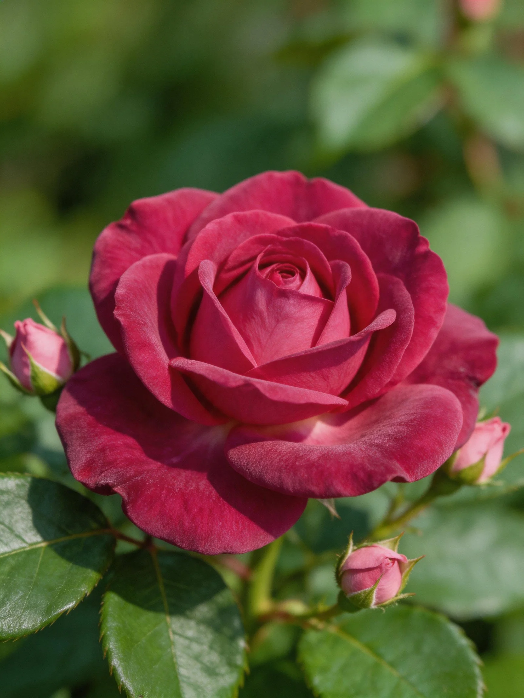A vibrant maroon rose blooms with pink buds and lush green leaves