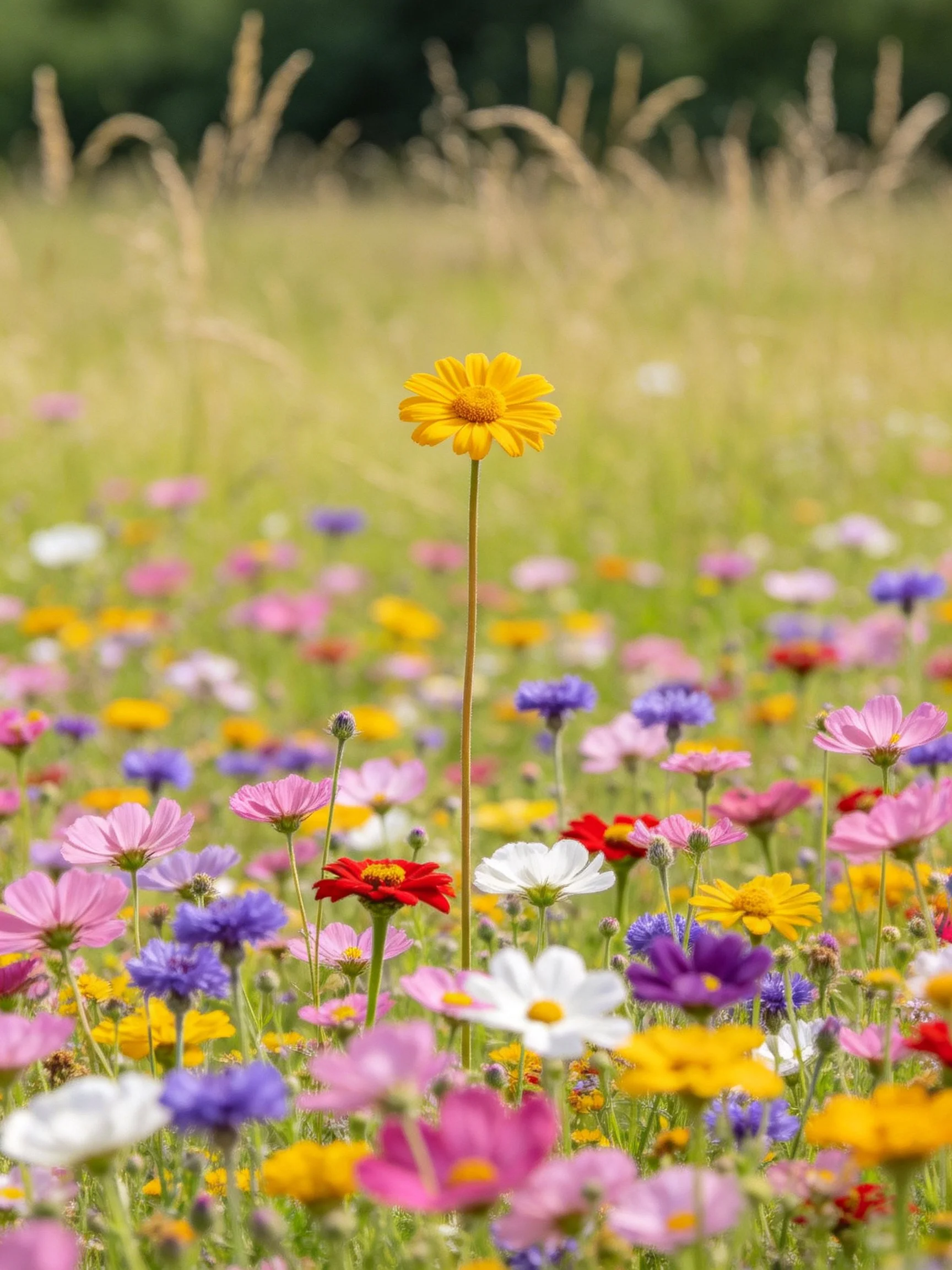 A vibrant meadow with diverse wildflowers and a tall yellow bloom